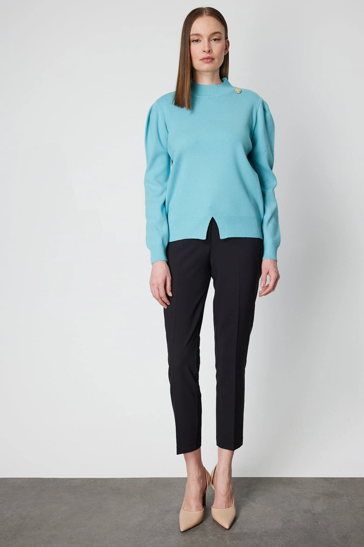 On Fashion Kadın Düğmeli Omuz Detaylı Turkuaz Kazak 65331