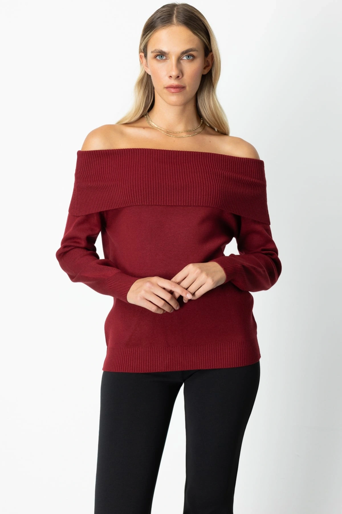 On Fashion Kadın Omzu Açık Bordo Kazak 65380