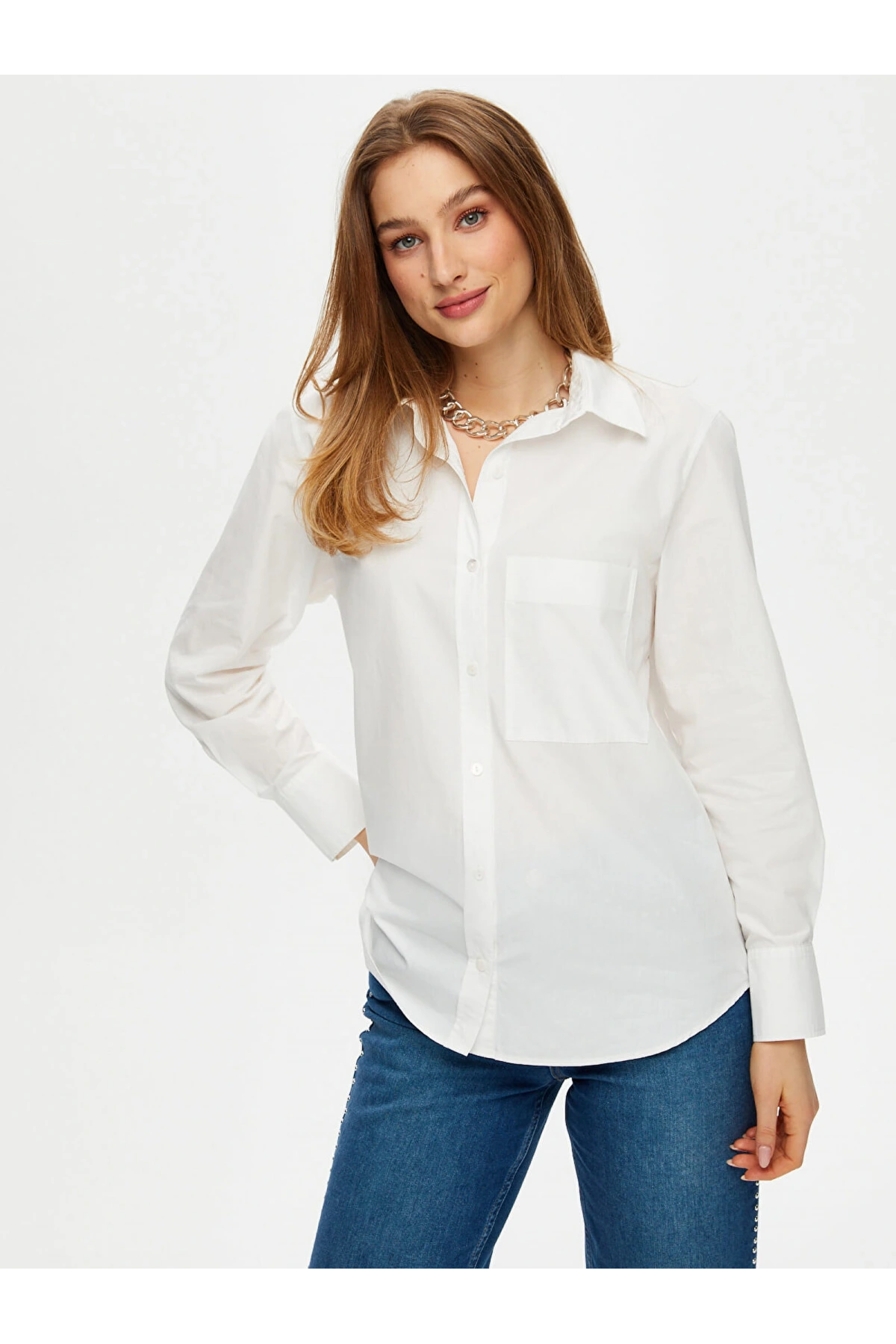 Faik Sönmez Kadın Göğüs Cepli Poplin Beyaz Gömlek US25GML042