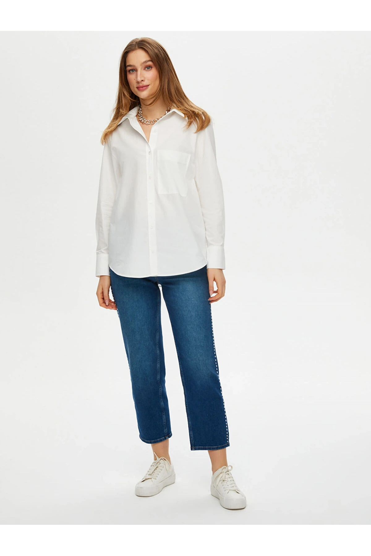 Faik Sönmez Kadın Göğüs Cepli Poplin Beyaz Gömlek US25GML042