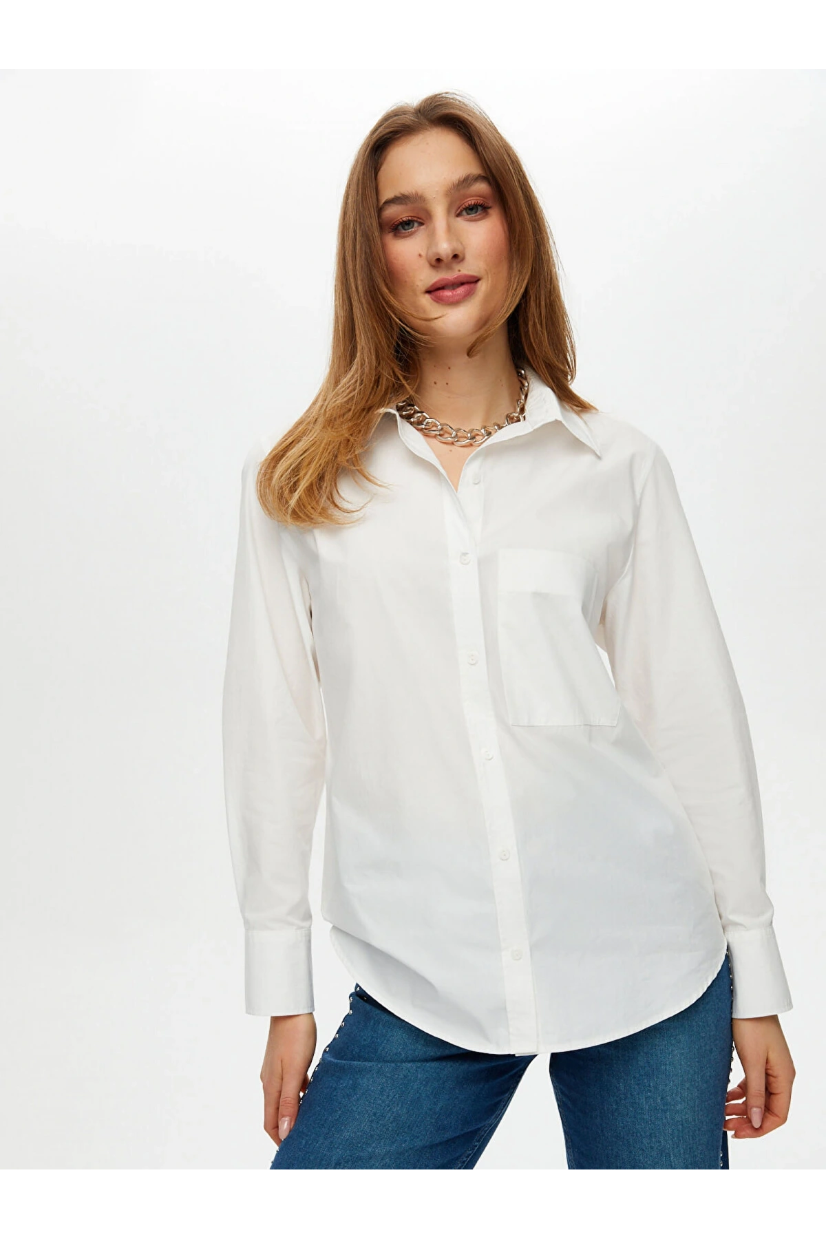 Faik Sönmez Kadın Göğüs Cepli Poplin Beyaz Gömlek US25GML042