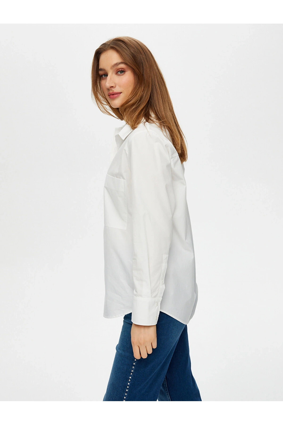 Faik Sönmez Kadın Göğüs Cepli Poplin Beyaz Gömlek US25GML042
