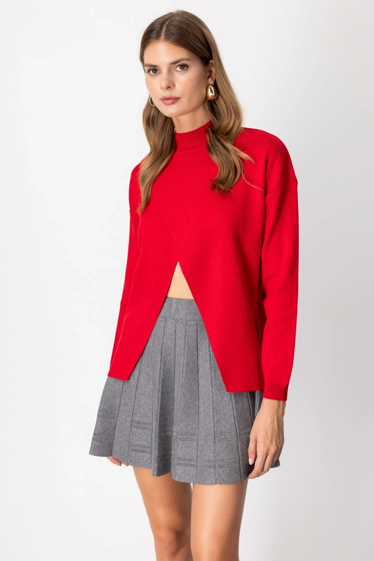 On Fashion Kadın Dik Yaka Çapraz Kırmızı Kazak 65343