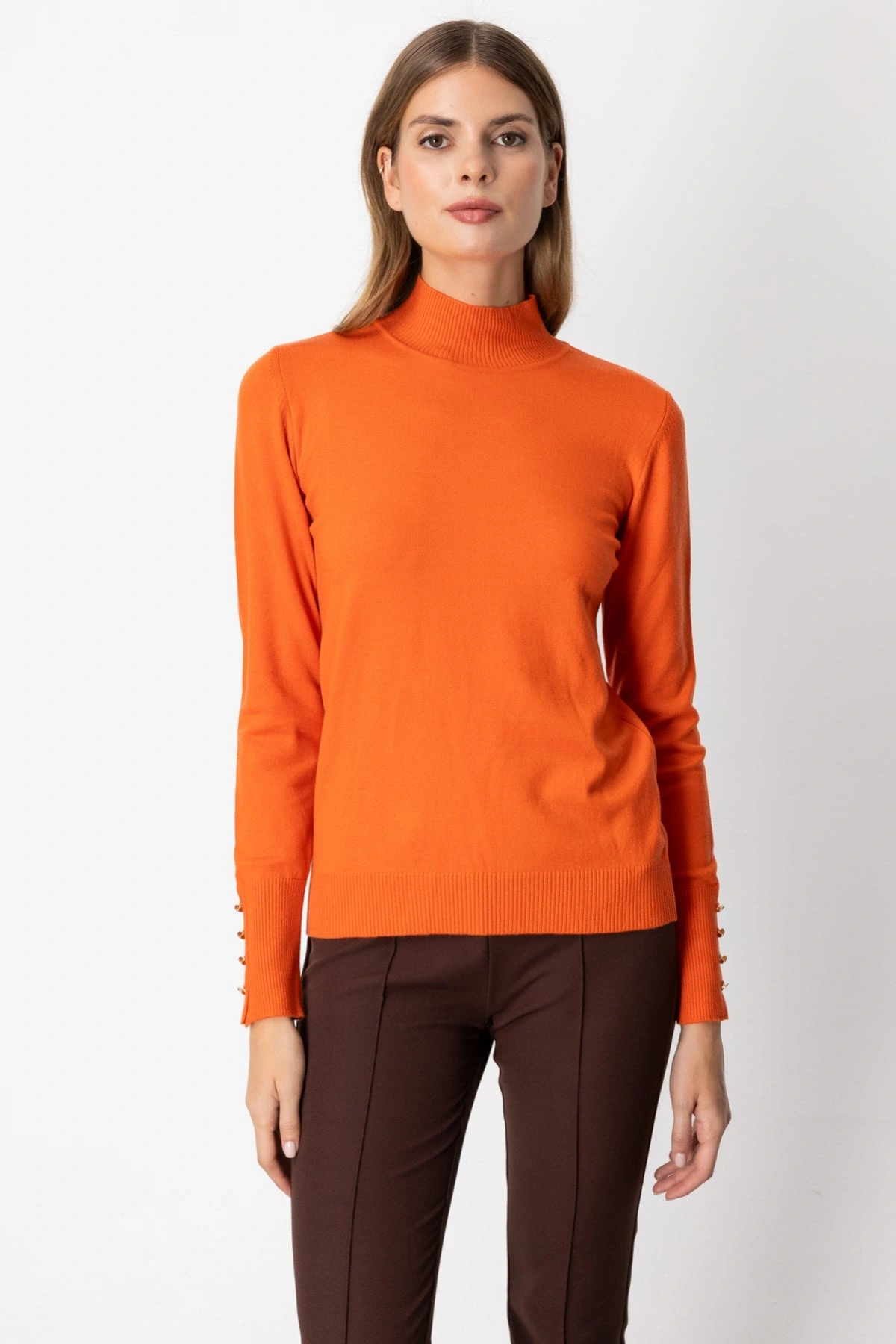 On Fashion Kadın Dik Yaka Basic Oranj Kazak 63514