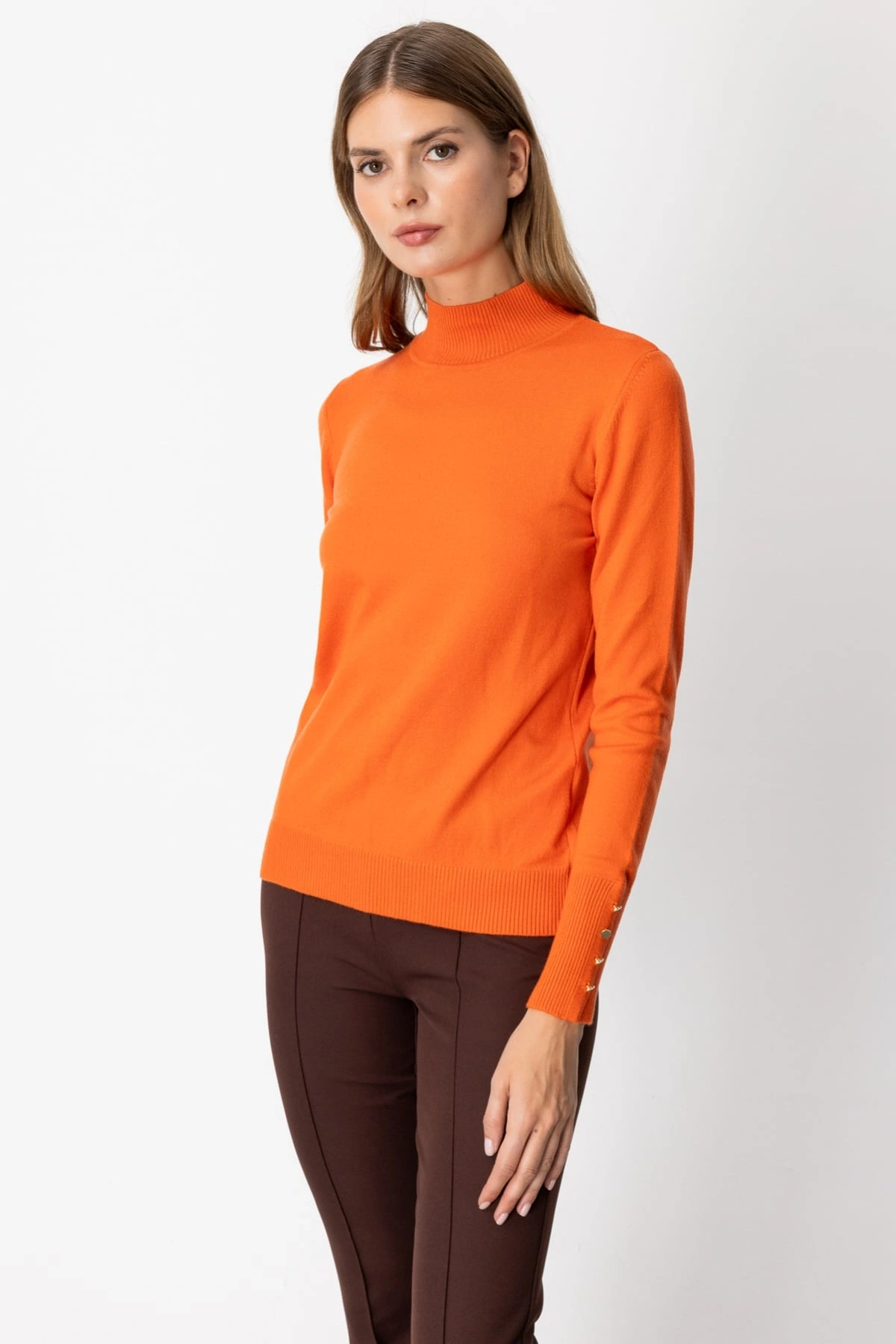 On Fashion Kadın Dik Yaka Basic Oranj Kazak 63514