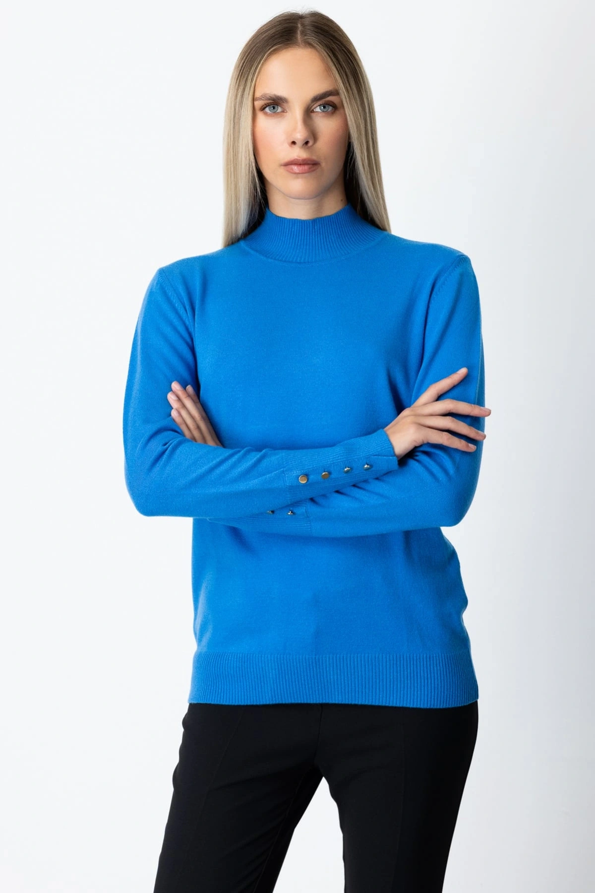 On Fashion Kadın Dik Yaka Basic Mavi Kazak 63514