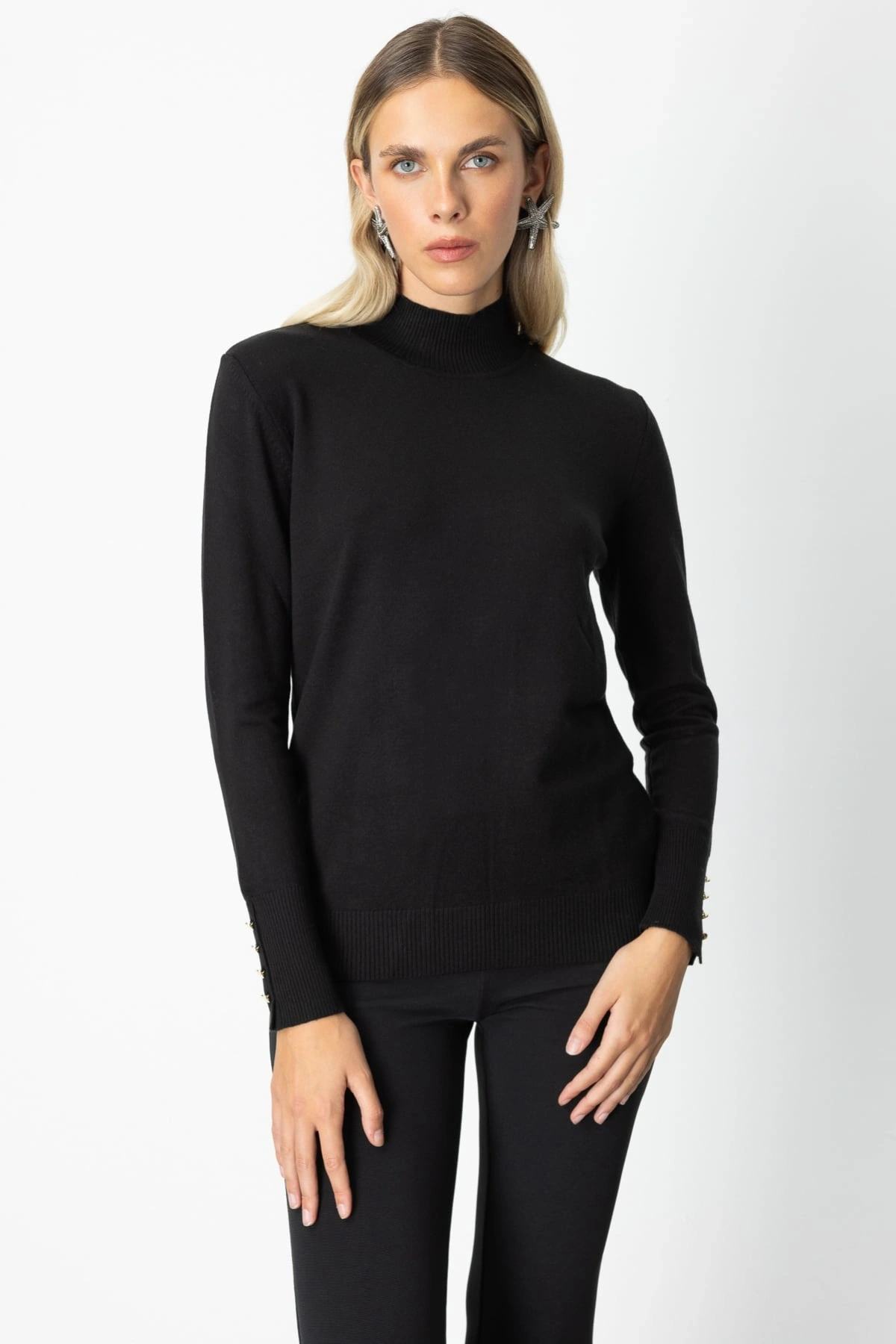 On Fashion Kadın Dik Yaka Basic Siyah Kazak 63514