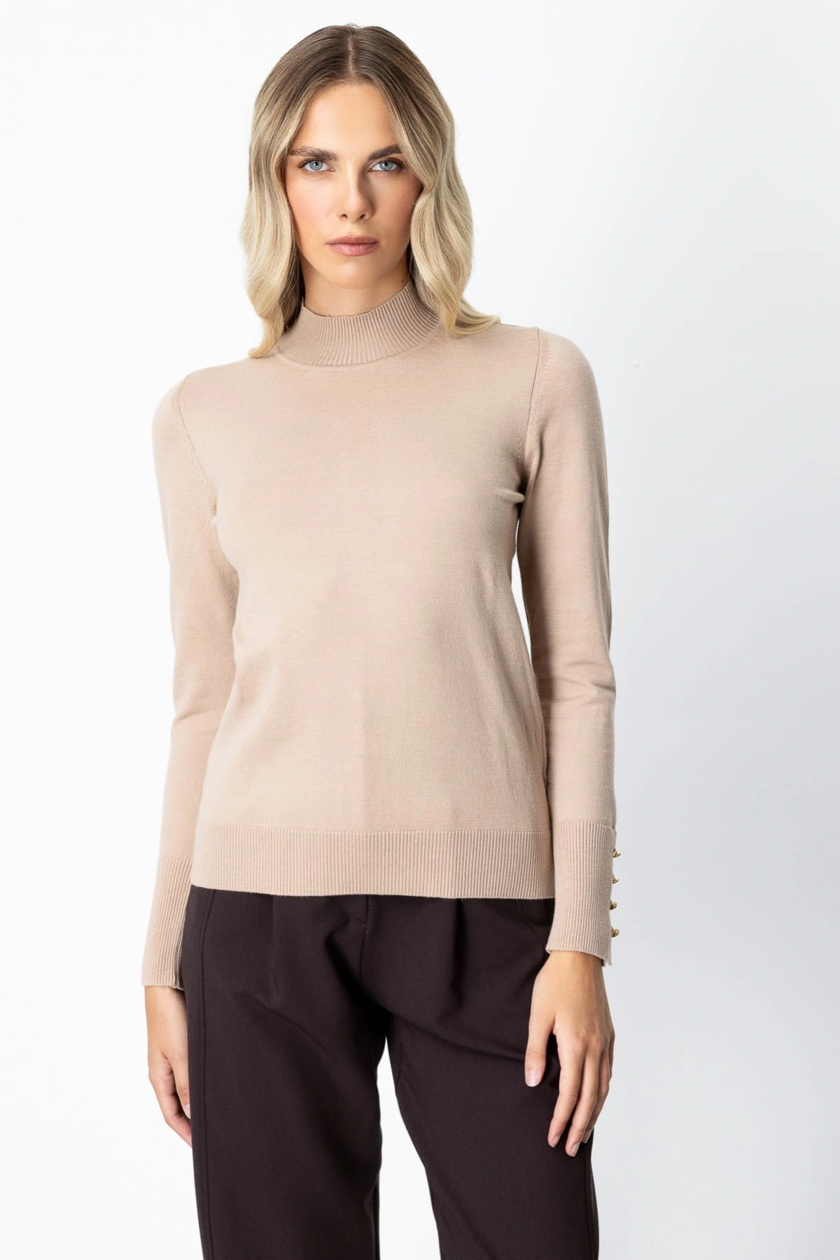 On Fashion Kadın Dik Yaka Basic Bej Kazak 63514