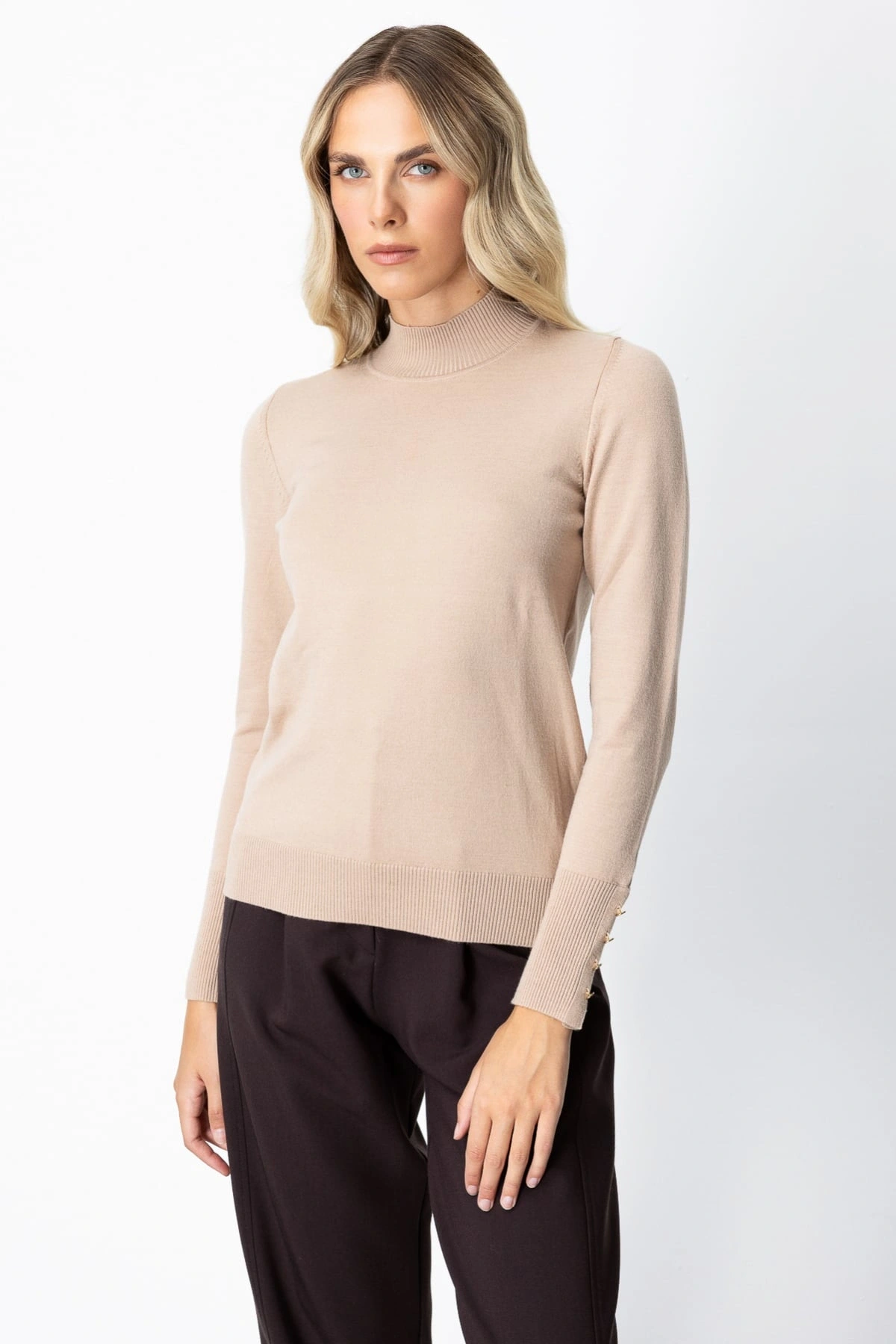 On Fashion Kadın Dik Yaka Basic Bej Kazak 63514