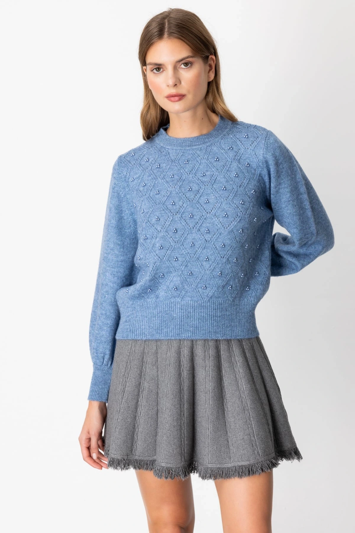 On Fashion Kadın İncili Baklava Desenli Mavi Kazak 63316