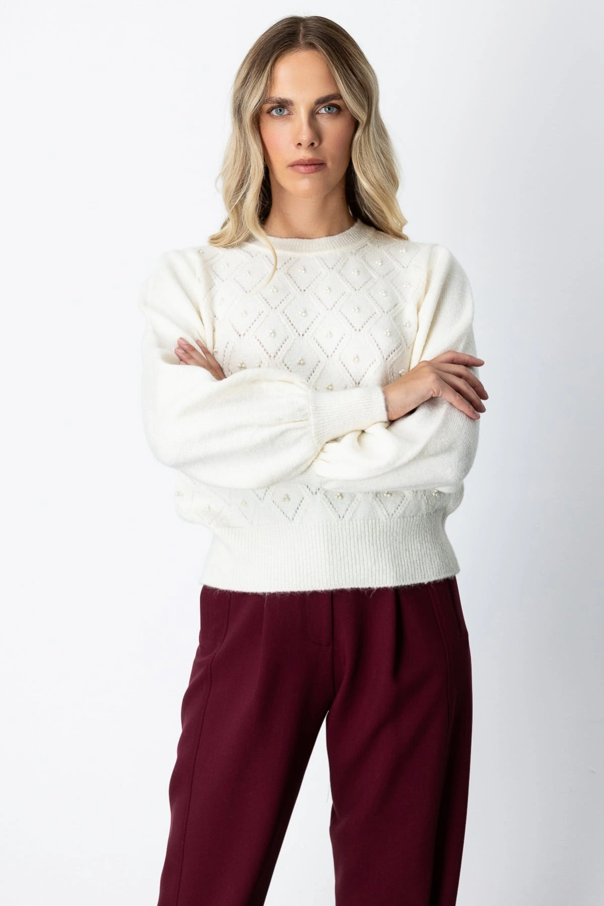 On Fashion Kadın İncili Baklava Desenli Ekru Kazak 63316