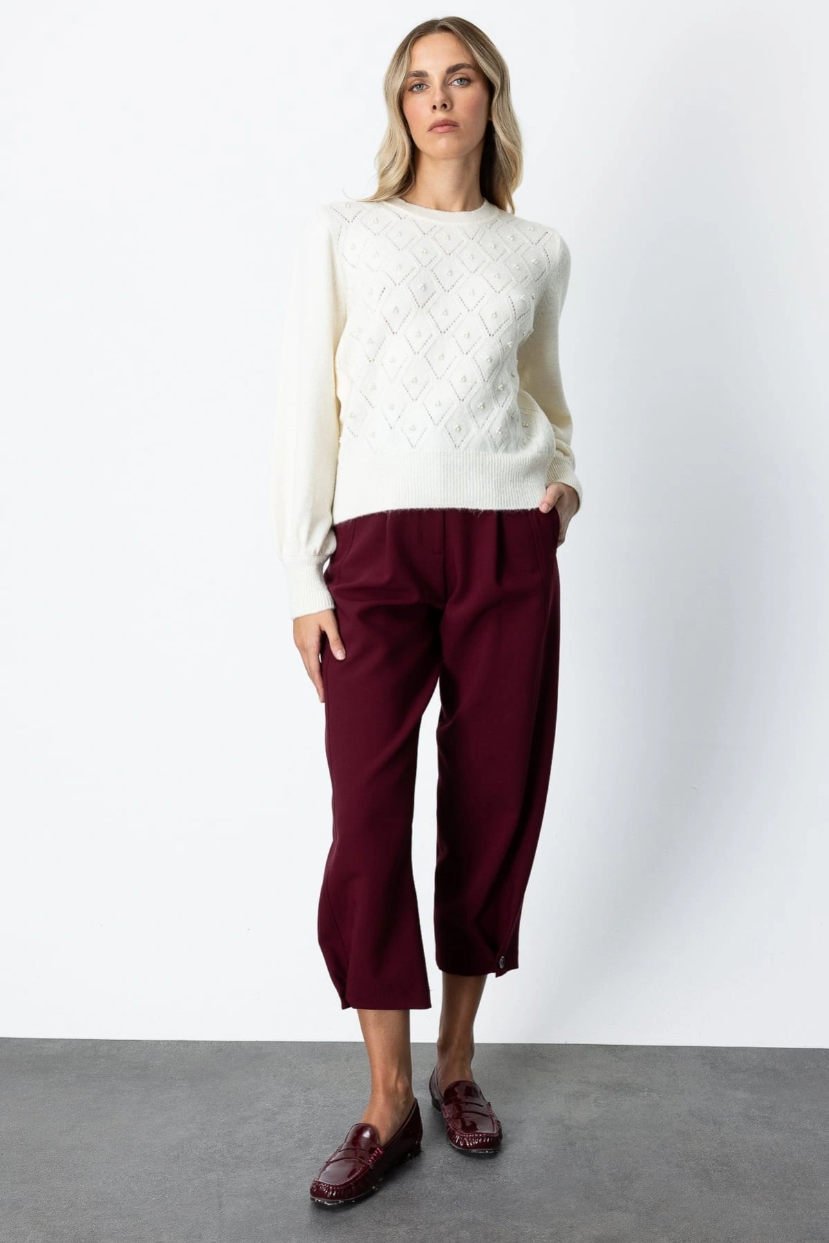 On Fashion Kadın İncili Baklava Desenli Ekru Kazak 63316