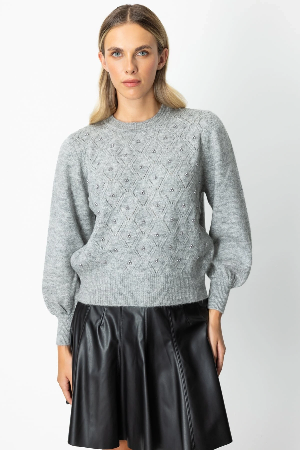 On Fashion Kadın İncili Baklava Desenli Gri Kazak 63316