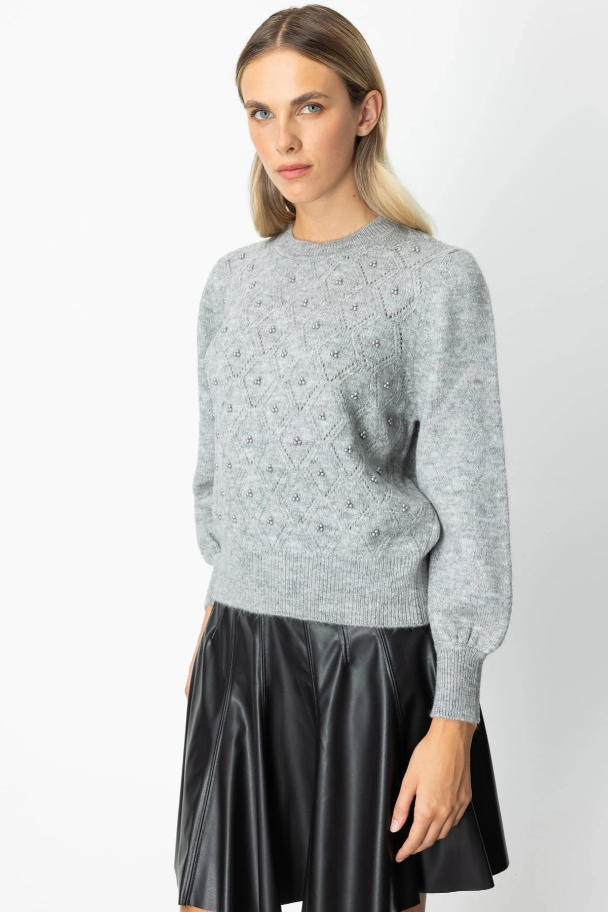 On Fashion Kadın İncili Baklava Desenli Gri Kazak 63316