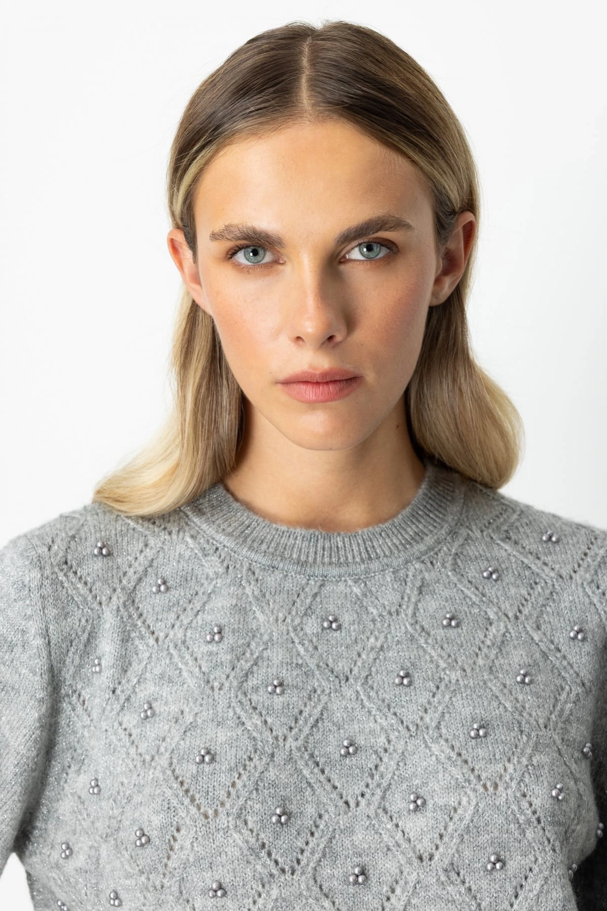 On Fashion Kadın İncili Baklava Desenli Gri Kazak 63316