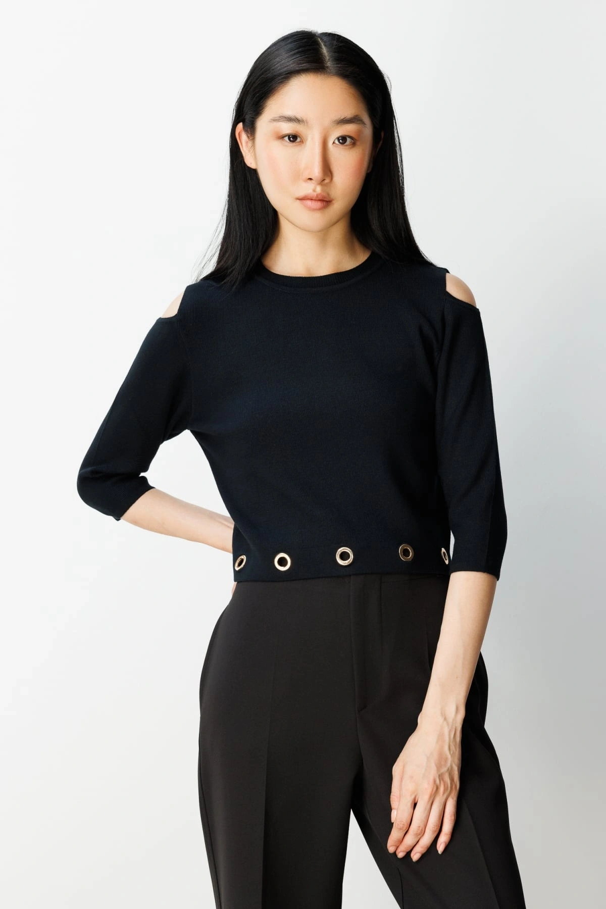 On Fashion Kadın Altı Kuşgözlü Sıfır Yaka Siyah Kazak 65319