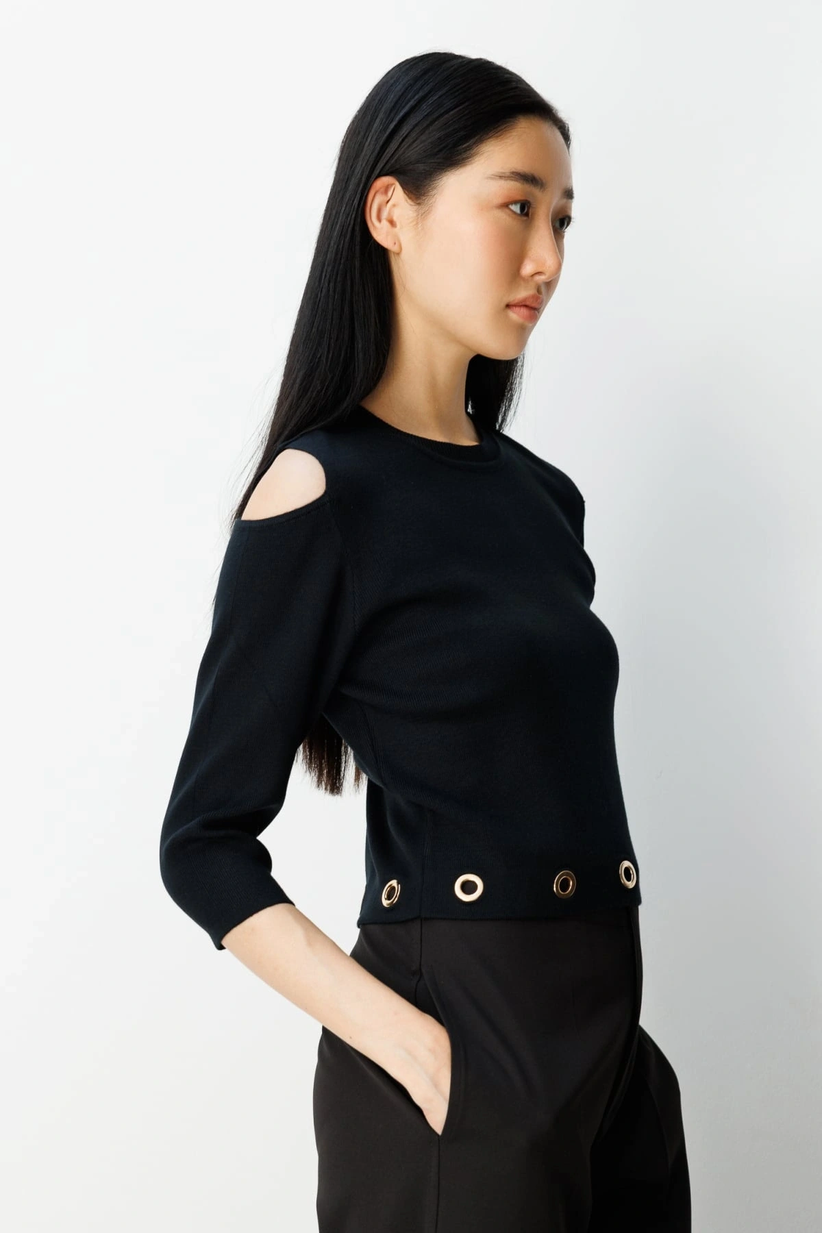 On Fashion Kadın Altı Kuşgözlü Sıfır Yaka Siyah Kazak 65319