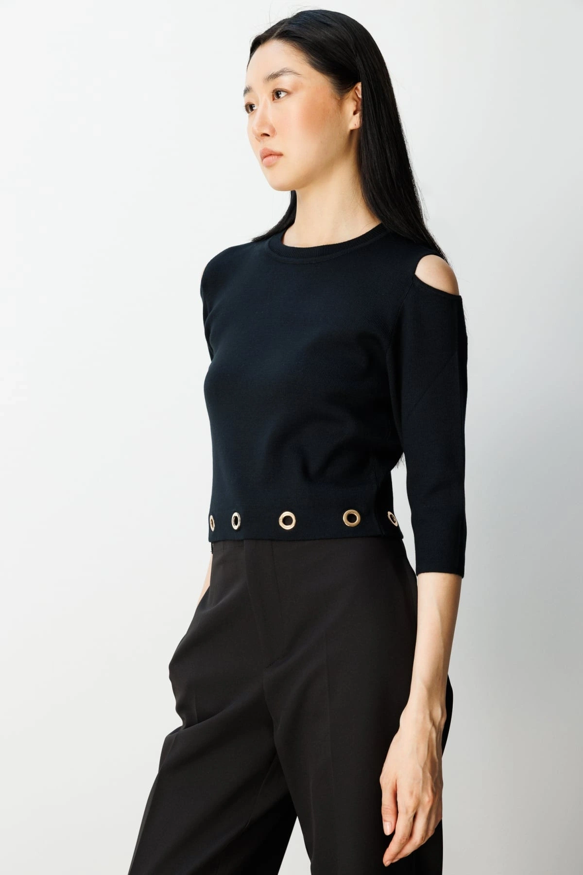 On Fashion Kadın Altı Kuşgözlü Sıfır Yaka Siyah Kazak 65319