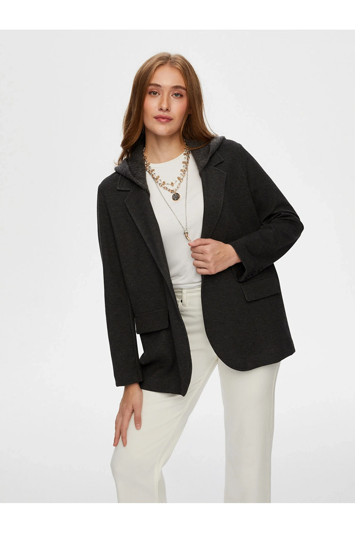 Faik Sönmez Kadın Relax Triko Kapüşon Detaylı Örme Antrasit Melanj Blazer Ceket UW26CKT033