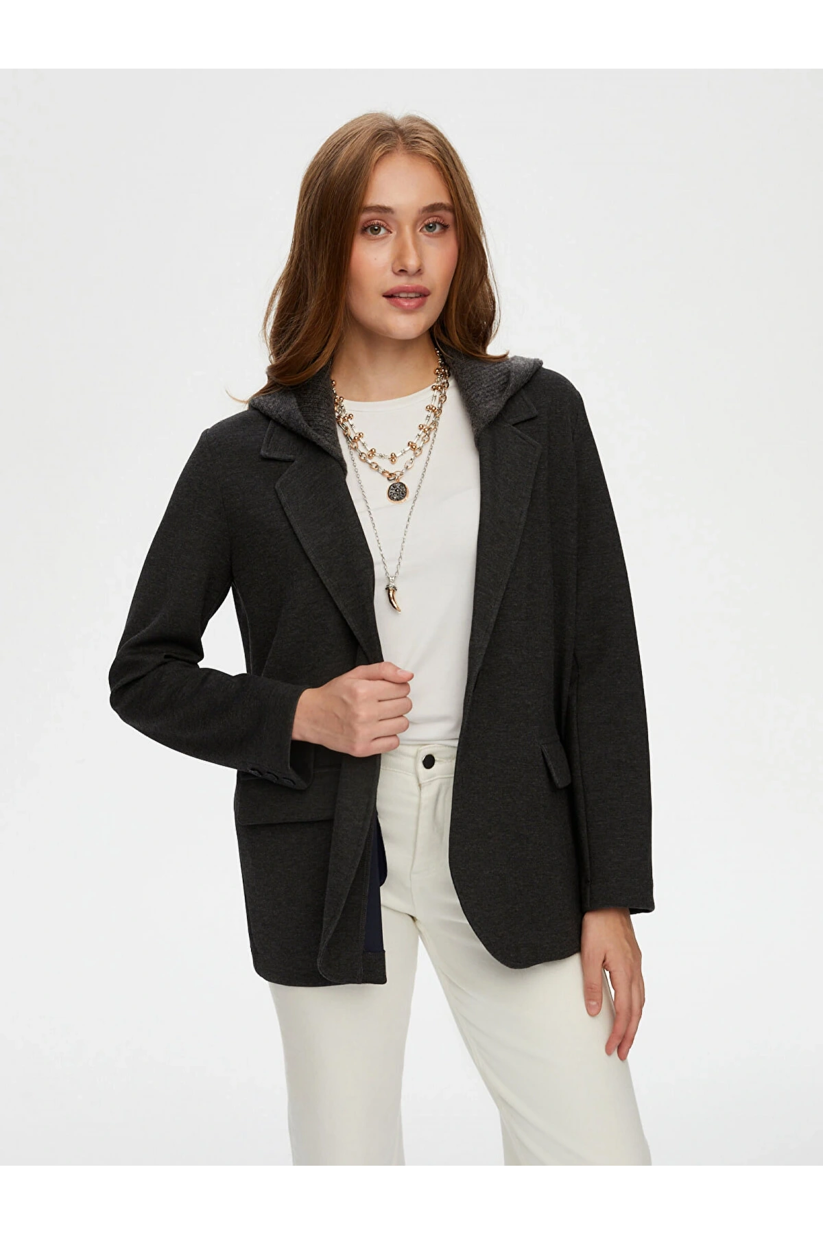 Faik Sönmez Kadın Relax Triko Kapüşon Detaylı Örme Antrasit Melanj Blazer Ceket UW26CKT033