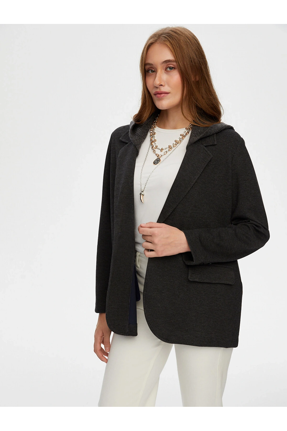 Faik Sönmez Kadın Relax Triko Kapüşon Detaylı Örme Antrasit Melanj Blazer Ceket UW26CKT033