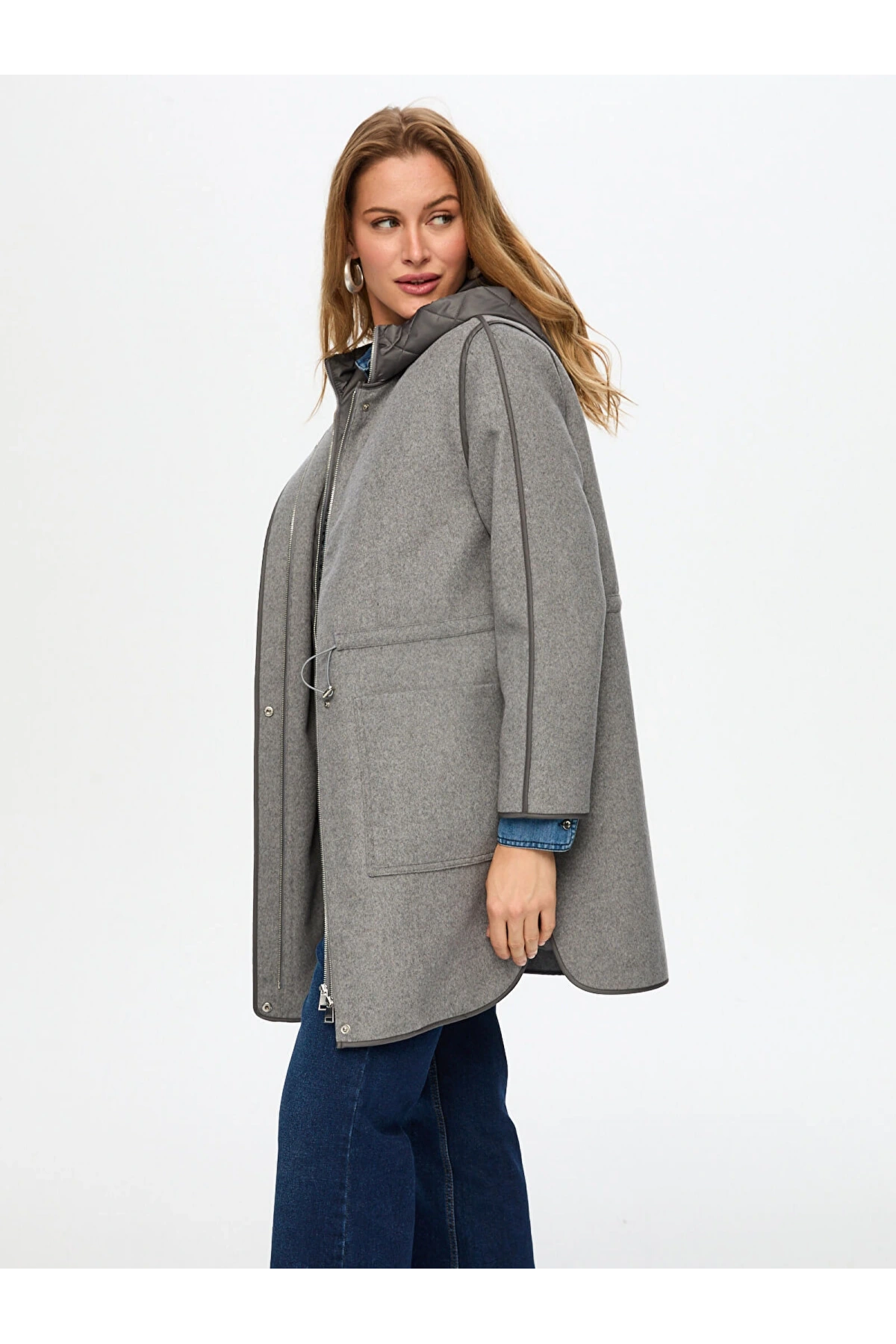 Faik Sönmez Kadın Beli Tünelli Kapitone Garnili Gri Melanj Kaban UW26KBN002