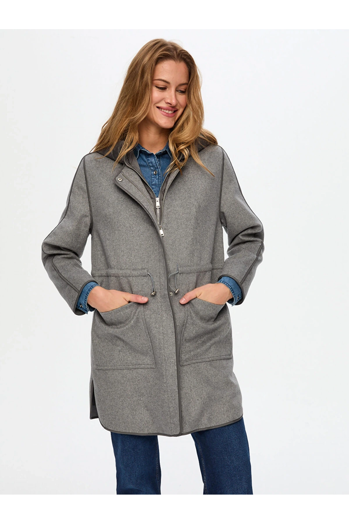 Faik Sönmez Kadın Beli Tünelli Kapitone Garnili Gri Melanj Kaban UW26KBN002