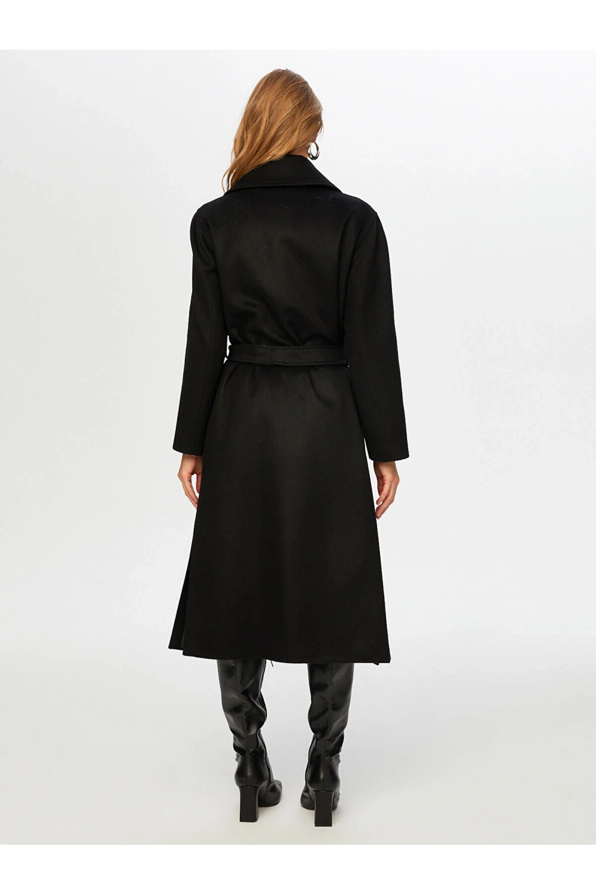 Faik Sönmez Kadın Beli Kuşaklı Yünlü Siyah Manto UW26MAN003