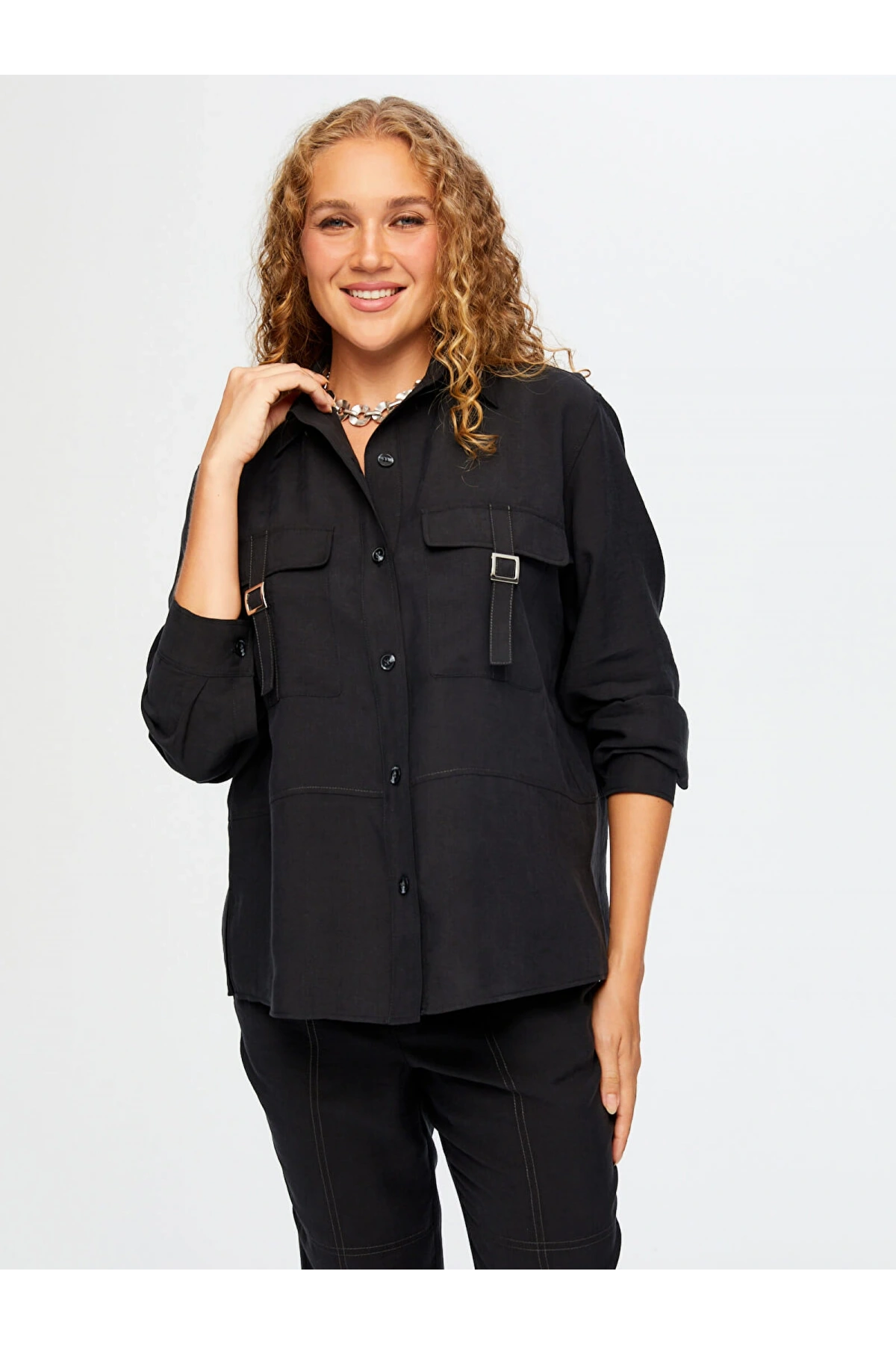 Faik Sönmez Kadın Cepleri Toka Detaylı Tenselli Siyah Tunik UW26TNK001