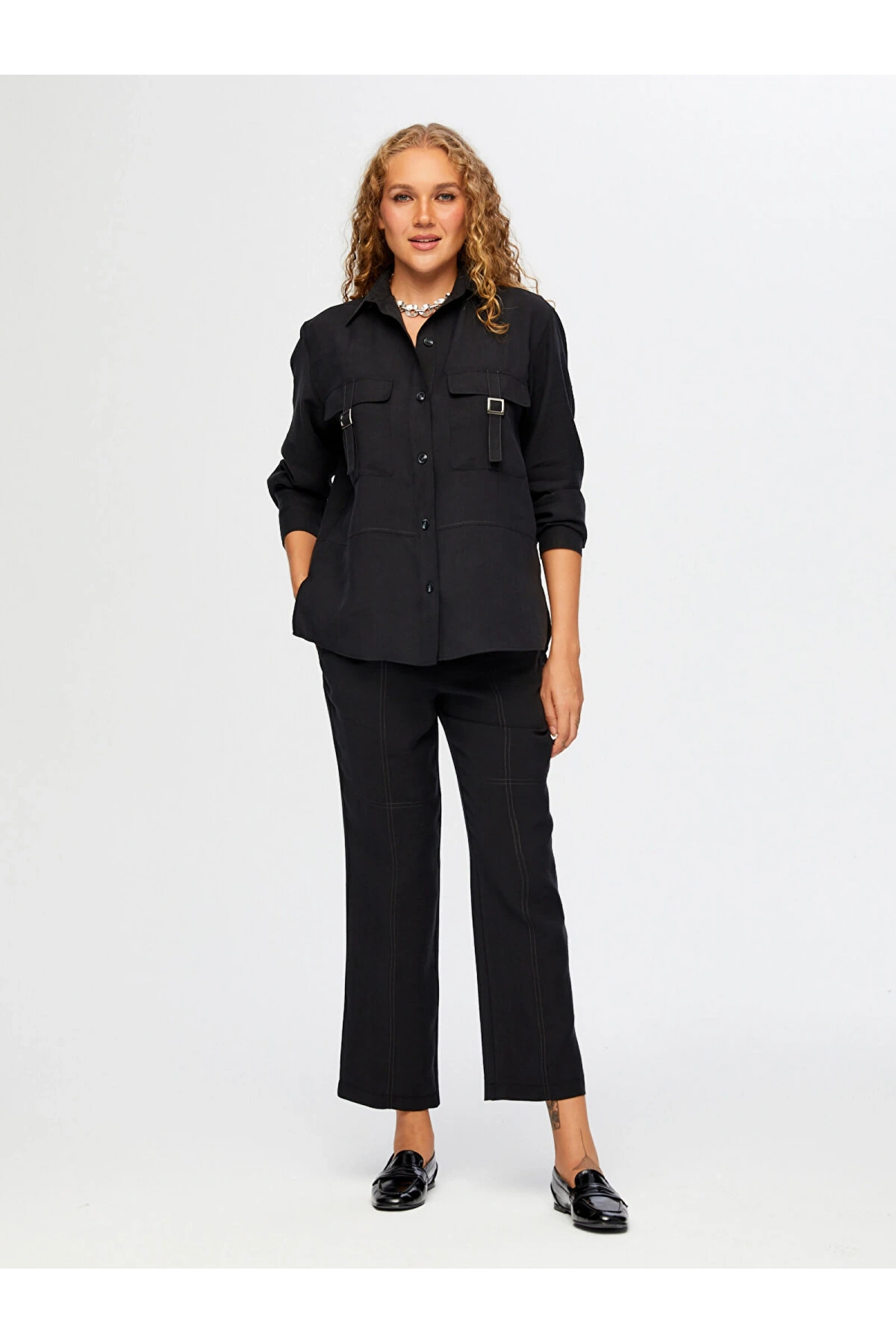 Faik Sönmez Kadın Cepleri Toka Detaylı Tenselli Siyah Tunik UW26TNK001