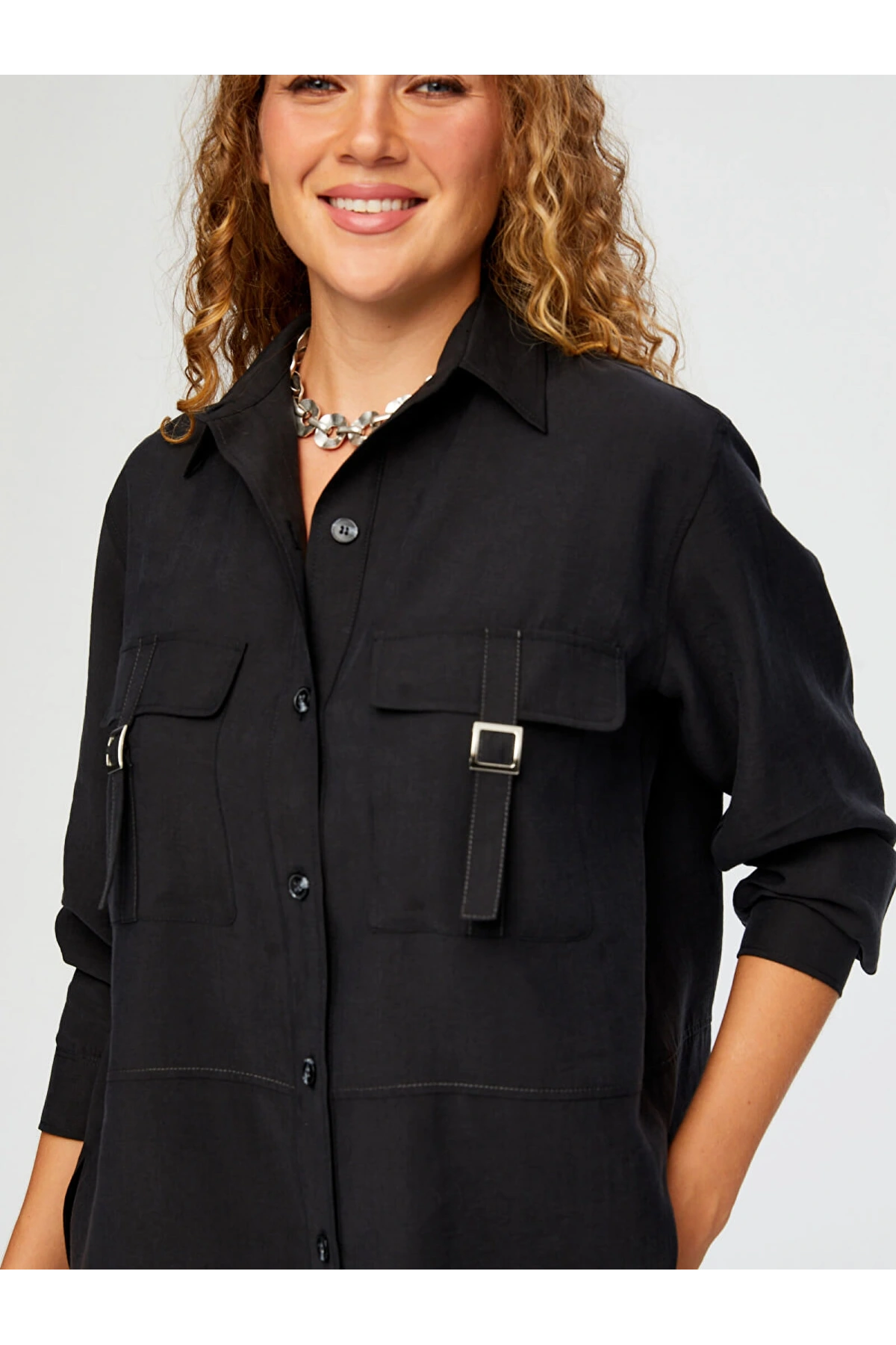 Faik Sönmez Kadın Cepleri Toka Detaylı Tenselli Siyah Tunik UW26TNK001
