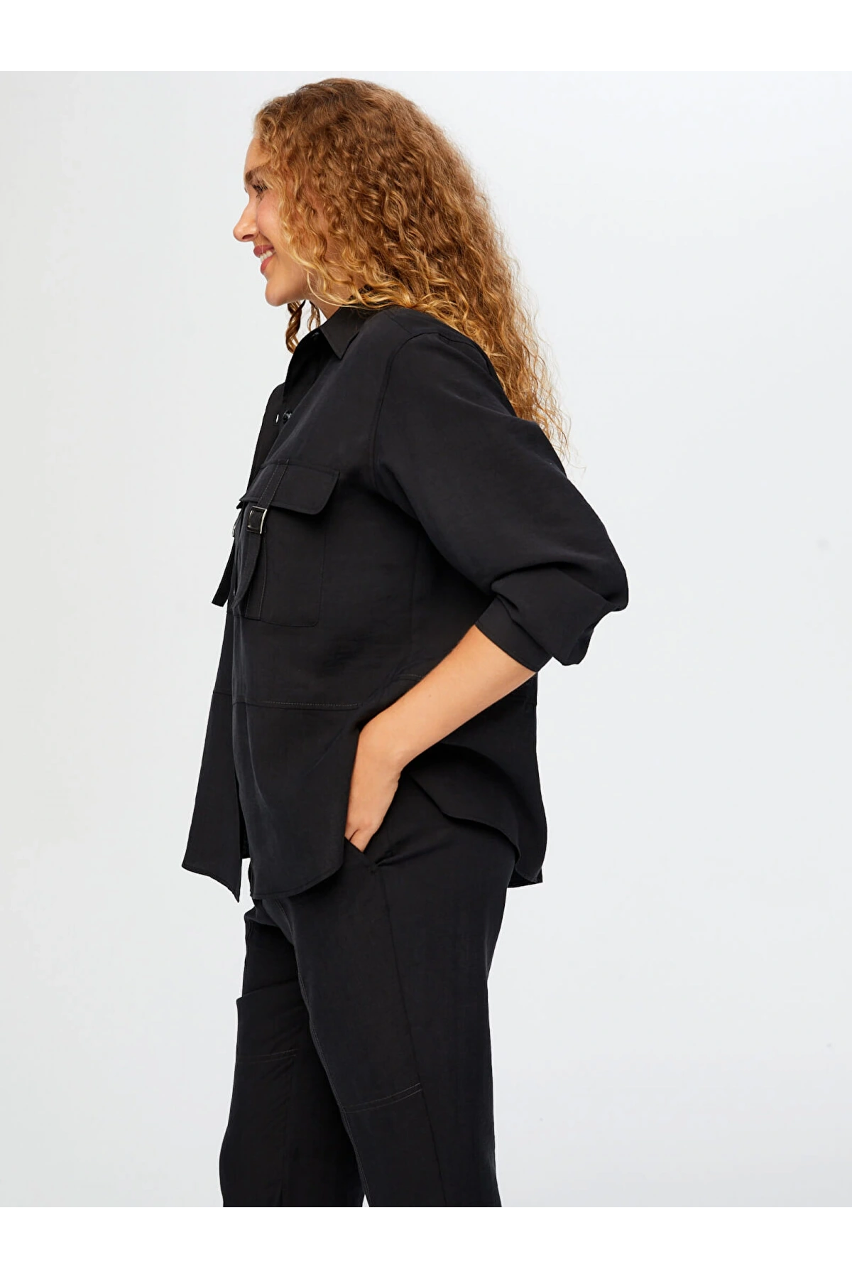 Faik Sönmez Kadın Cepleri Toka Detaylı Tenselli Siyah Tunik UW26TNK001