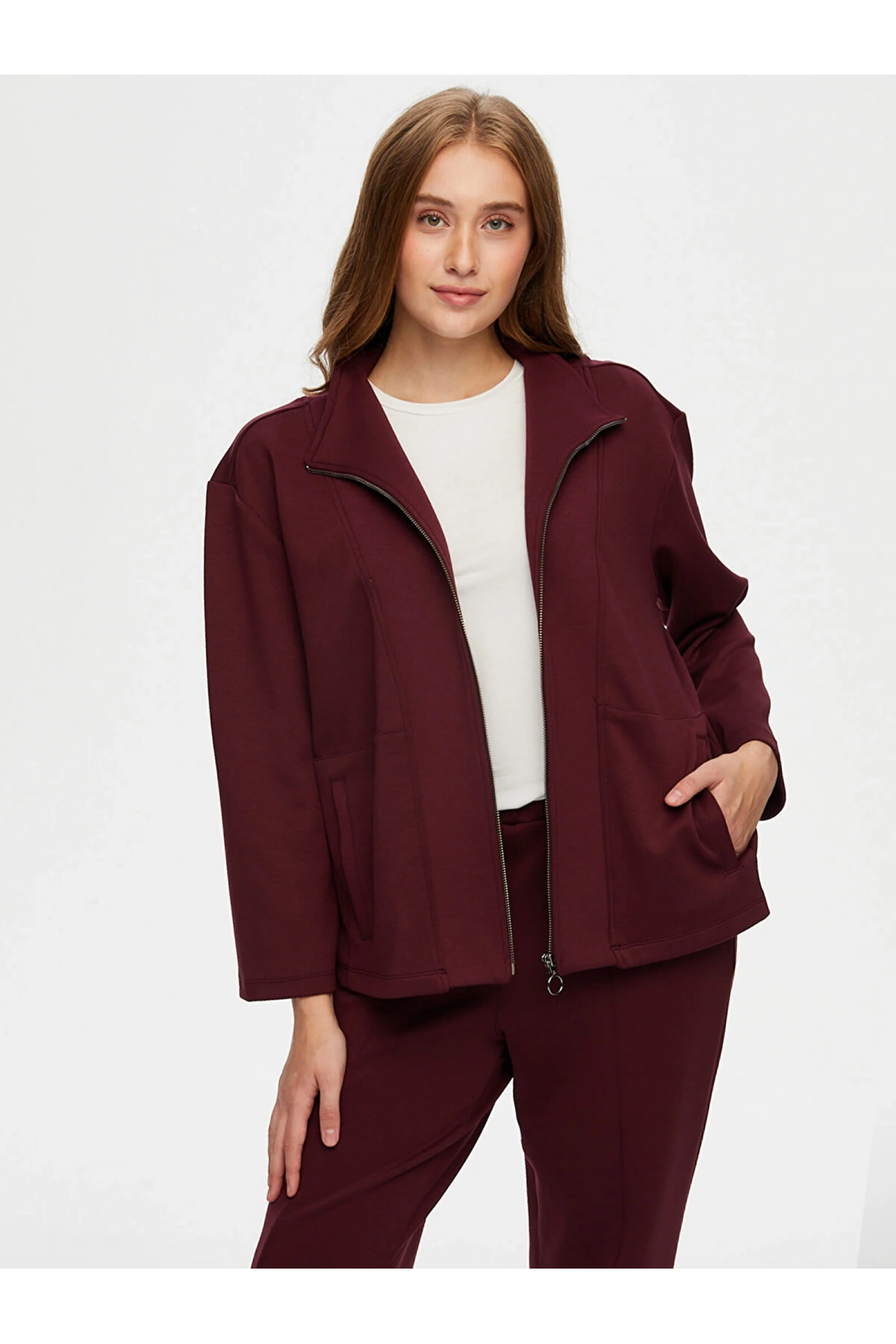 Faik Sönmez Kadın Dik Yaka Modallı Mürdüm Eşofman Üstü UW26ESU005