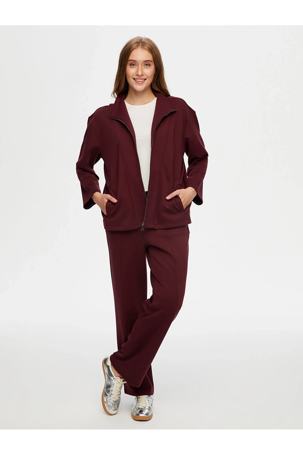 Faik Sönmez Kadın Dik Yaka Modallı Mürdüm Eşofman Üstü UW26ESU005