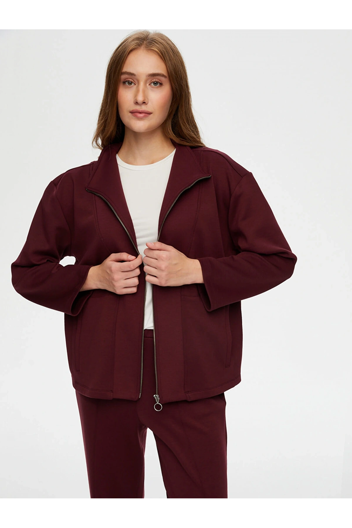 Faik Sönmez Kadın Dik Yaka Modallı Mürdüm Eşofman Üstü UW26ESU005