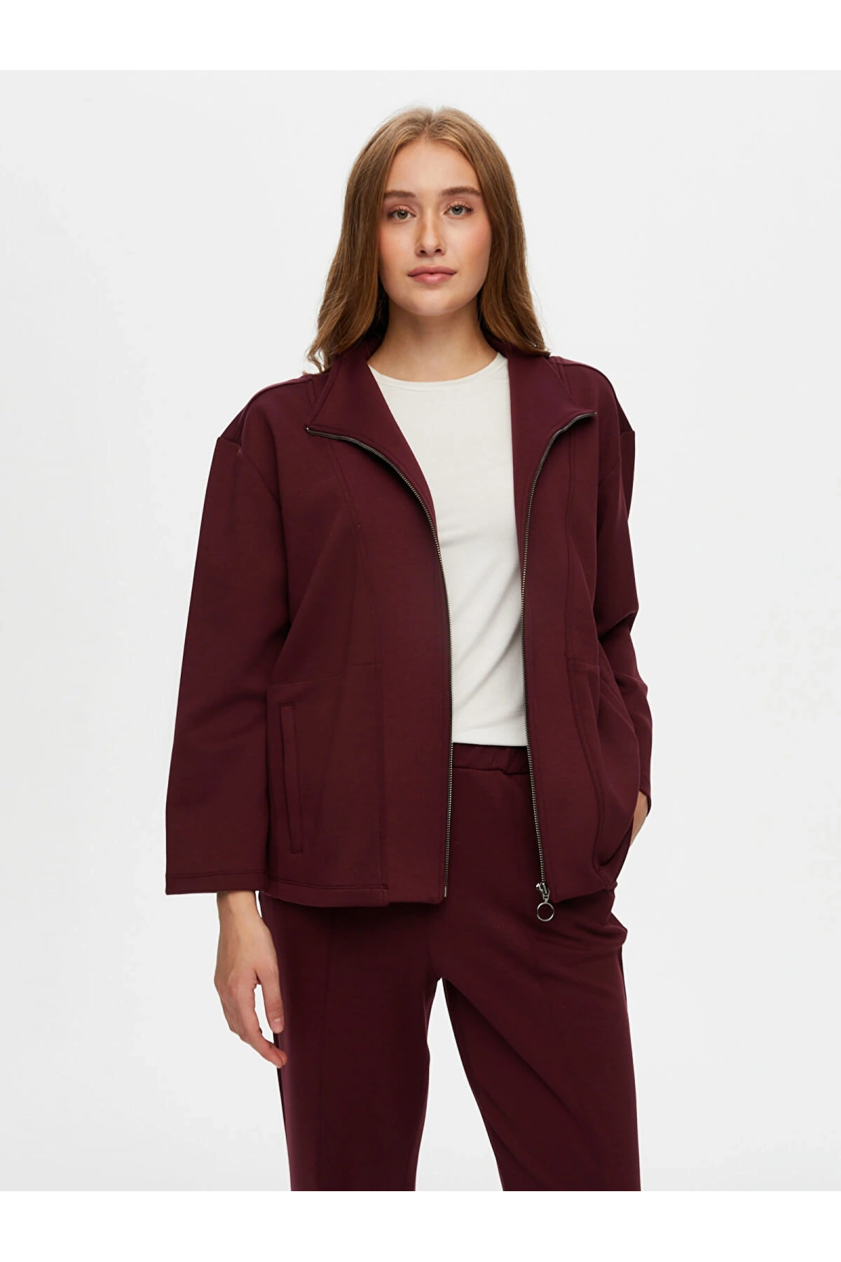 Faik Sönmez Kadın Dik Yaka Modallı Mürdüm Eşofman Üstü UW26ESU005