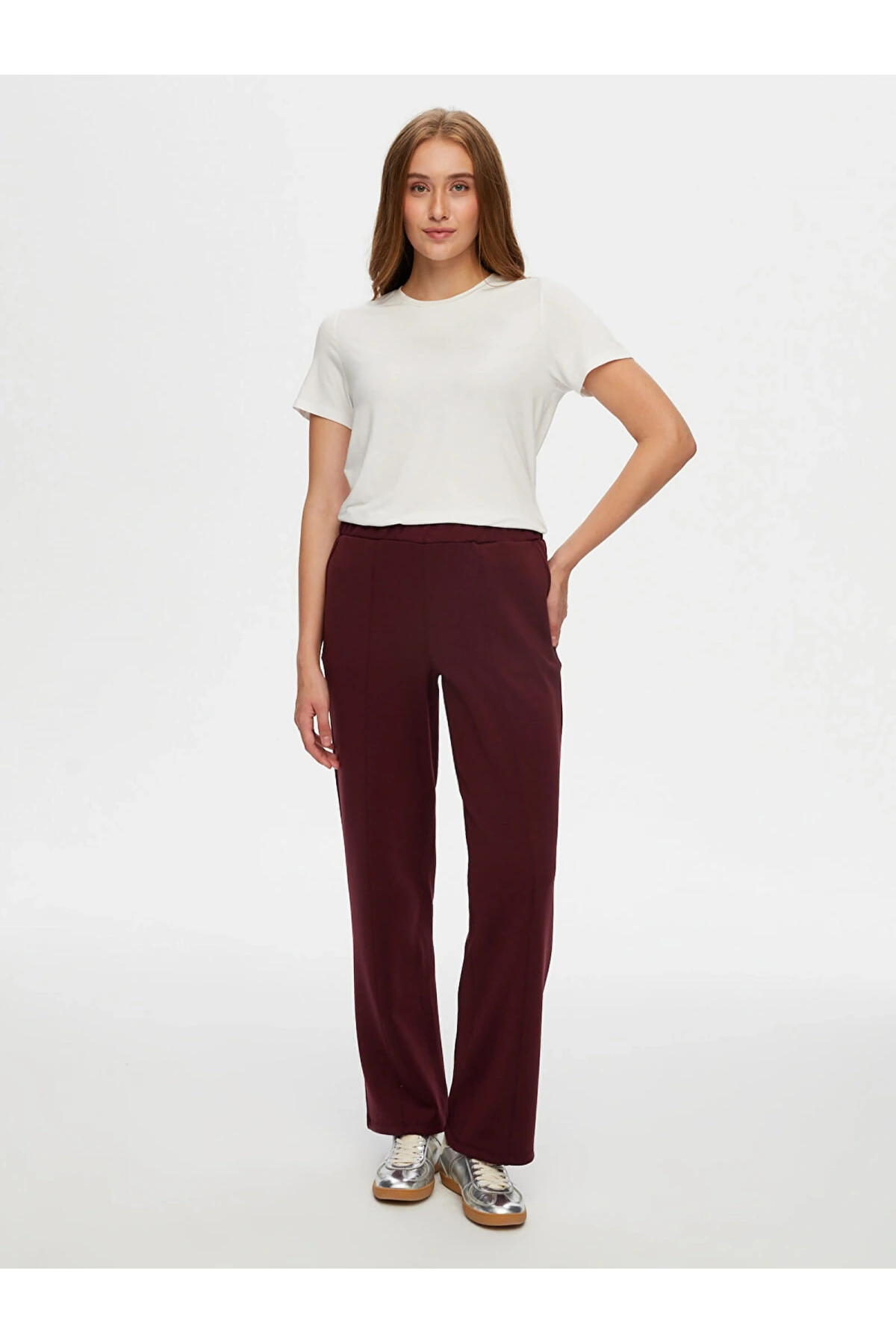 Faik Sönmez Kadın Önü Dikiş Detaylı Modallı Wide Leg Fit Mürdüm Eşofman Alt UW26ESA005