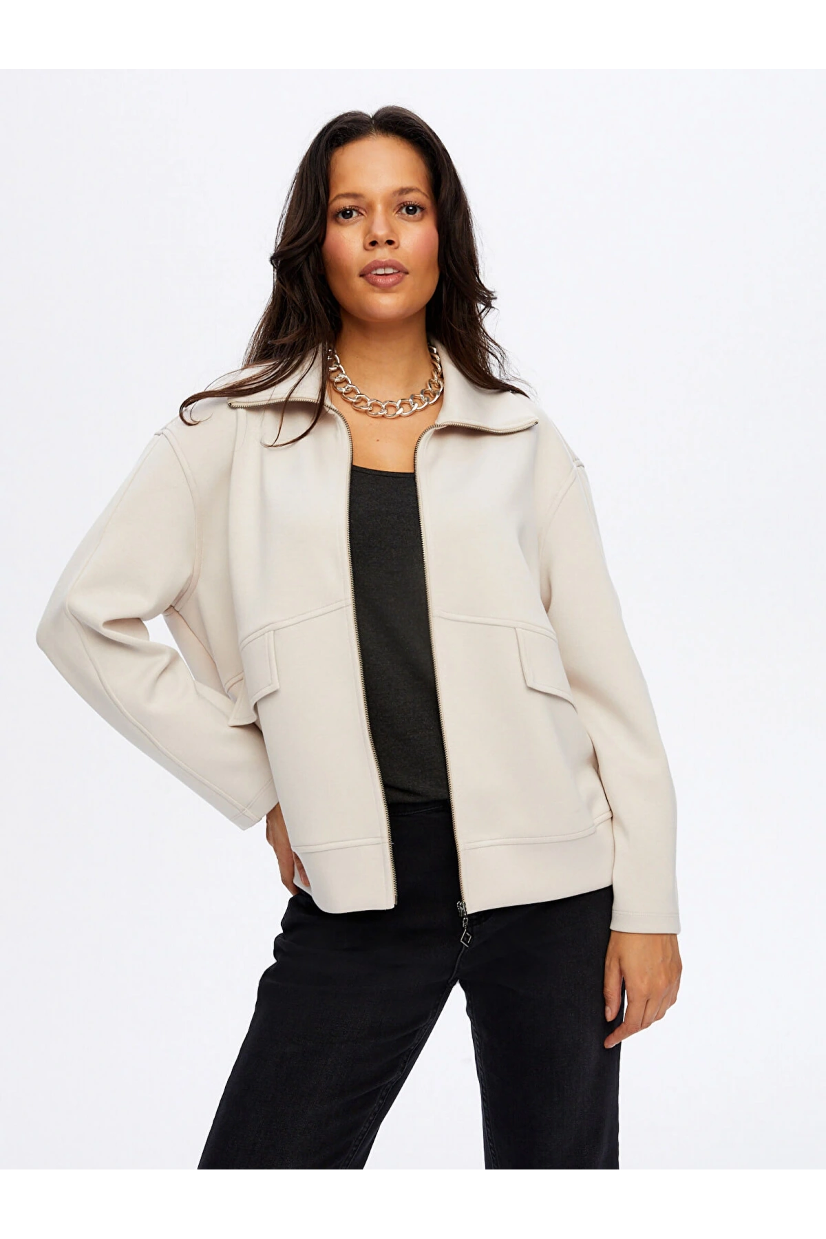 Faik Sönmez Kadın Relax Önü Fermarlı Örme Taş Renk Ceket Sweatshirt UW26SWT012