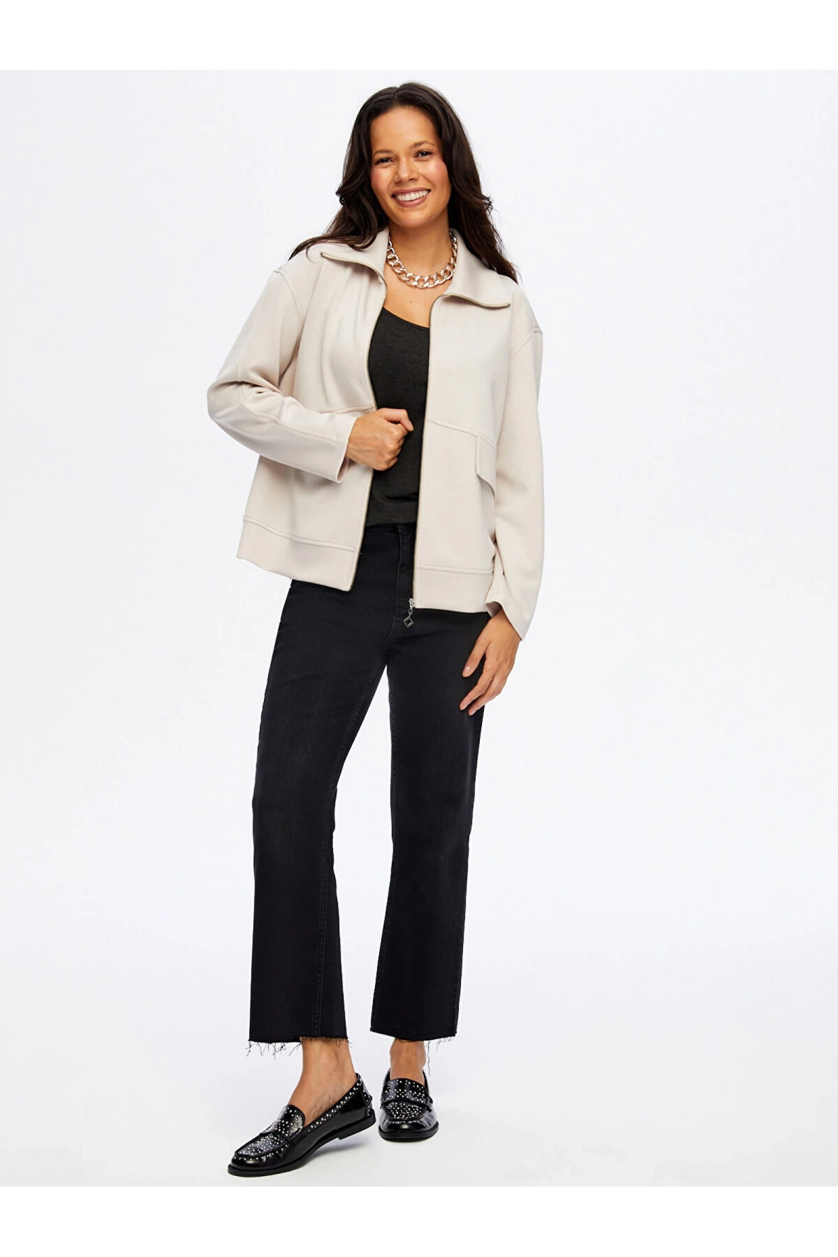 Faik Sönmez Kadın Relax Önü Fermarlı Örme Taş Renk Ceket Sweatshirt UW26SWT012