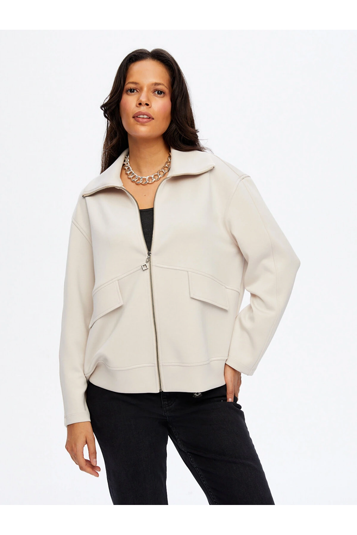 Faik Sönmez Kadın Relax Önü Fermarlı Örme Taş Renk Ceket Sweatshirt UW26SWT012