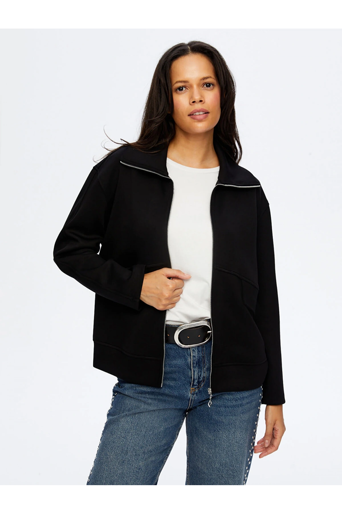 Faik Sönmez Kadın Relax Önü Fermarlı Örme Siyah Ceket Sweatshirt UW26SWT012