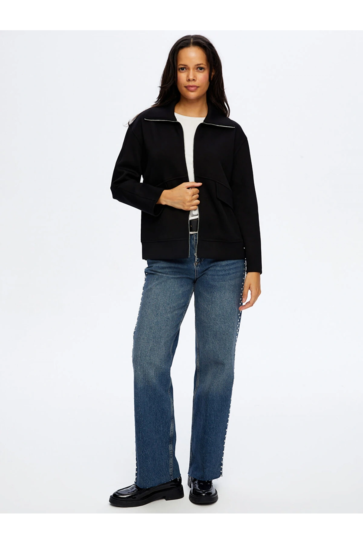 Faik Sönmez Kadın Relax Önü Fermarlı Örme Siyah Ceket Sweatshirt UW26SWT012