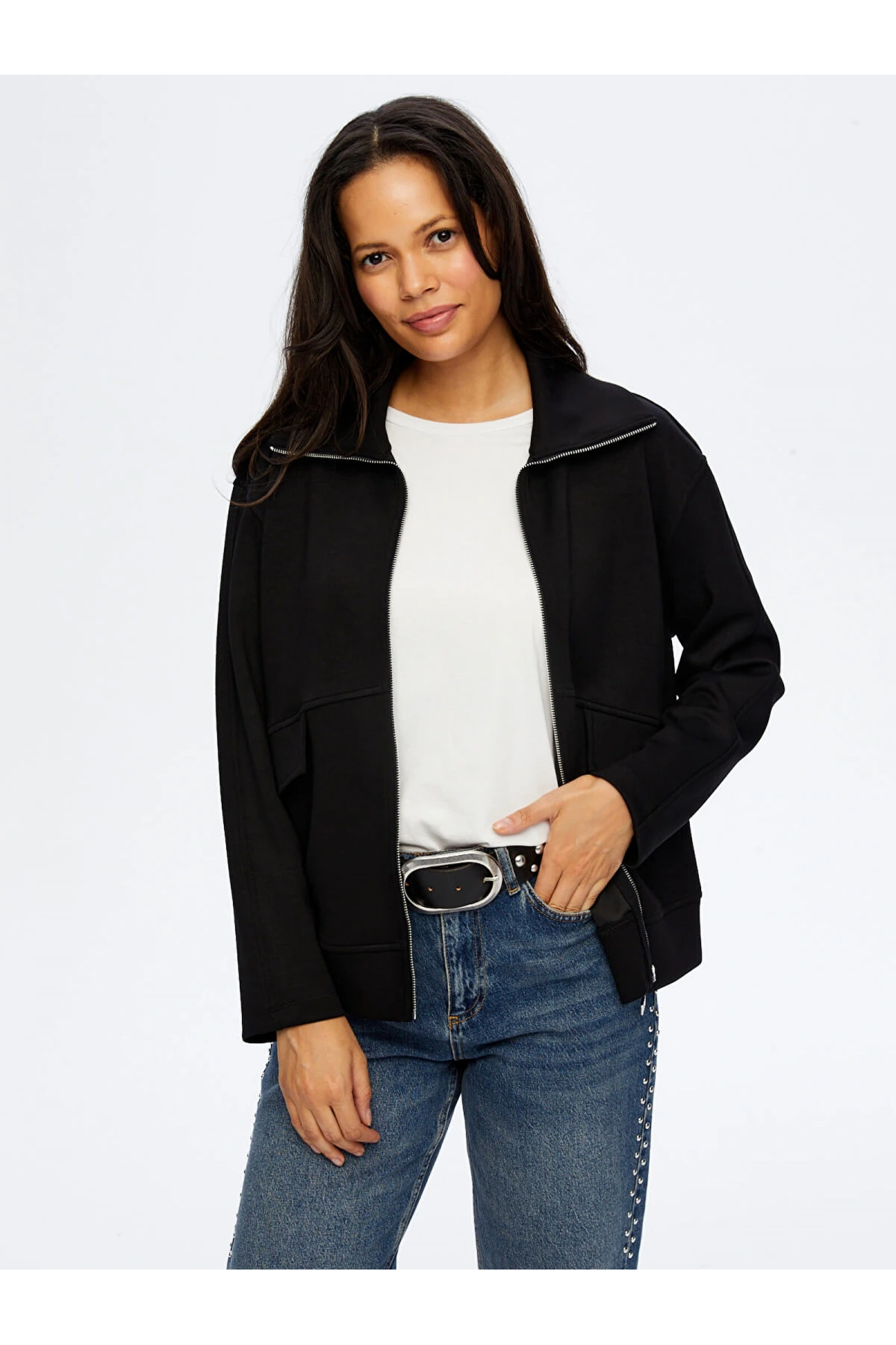 Faik Sönmez Kadın Relax Önü Fermarlı Örme Siyah Ceket Sweatshirt UW26SWT012