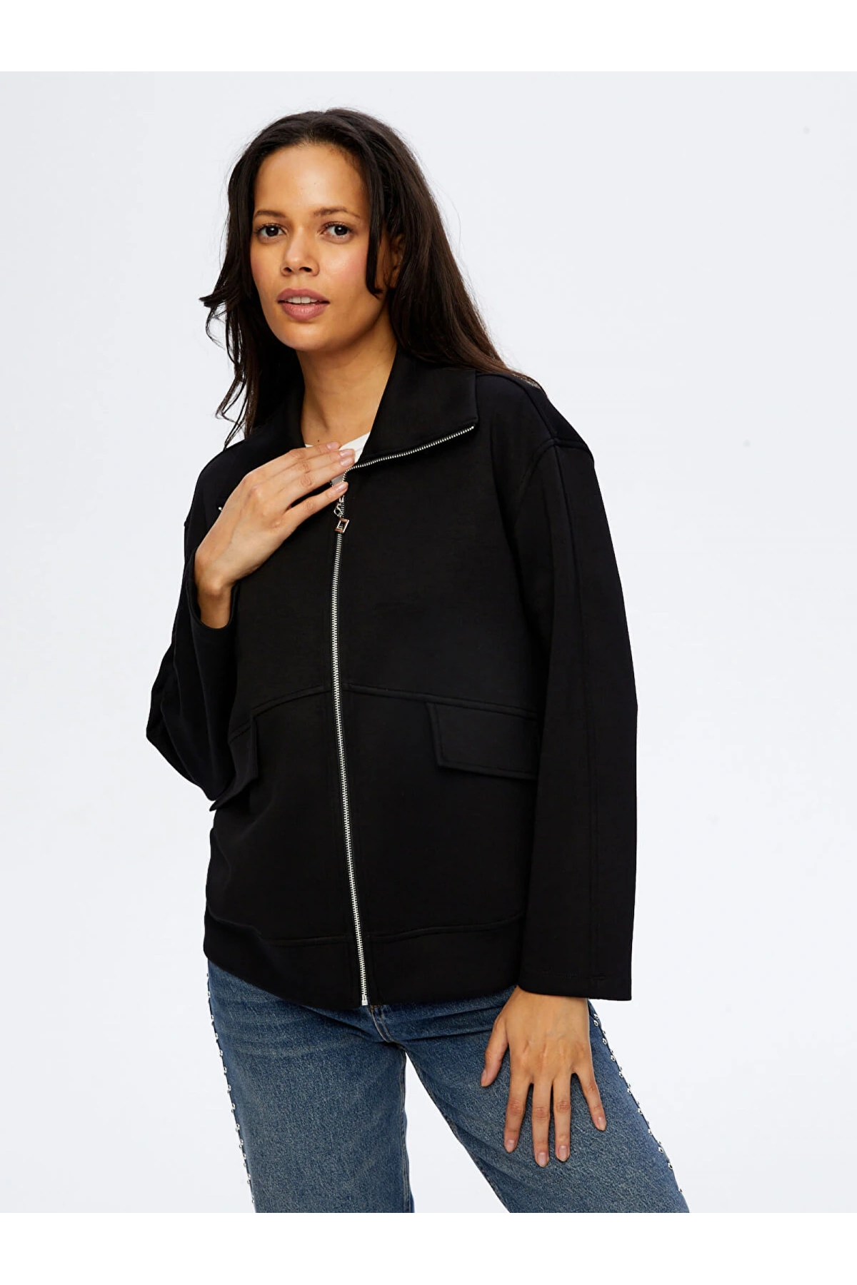 Faik Sönmez Kadın Relax Önü Fermarlı Örme Siyah Ceket Sweatshirt UW26SWT012