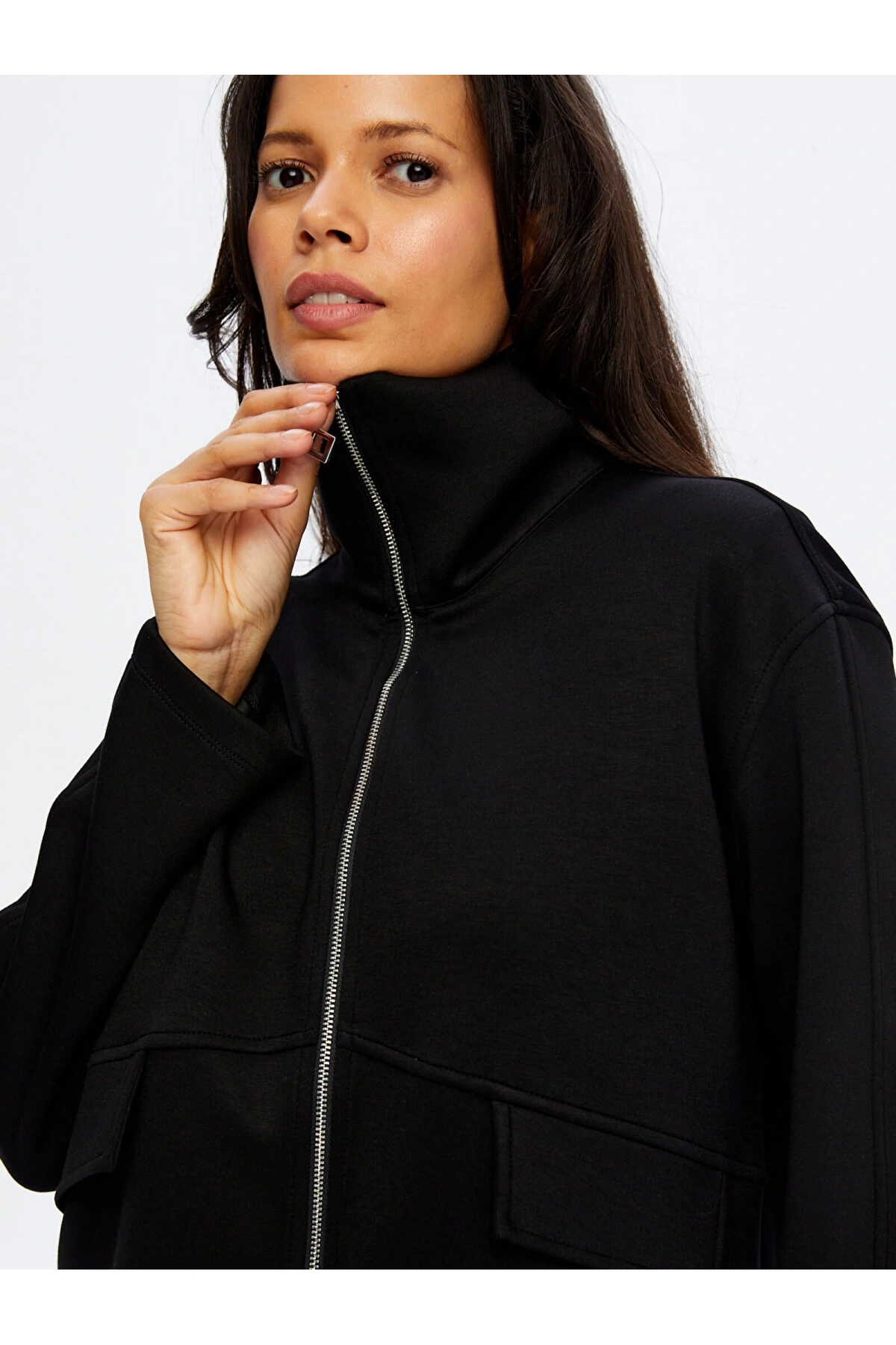 Faik Sönmez Kadın Relax Önü Fermarlı Örme Siyah Ceket Sweatshirt UW26SWT012