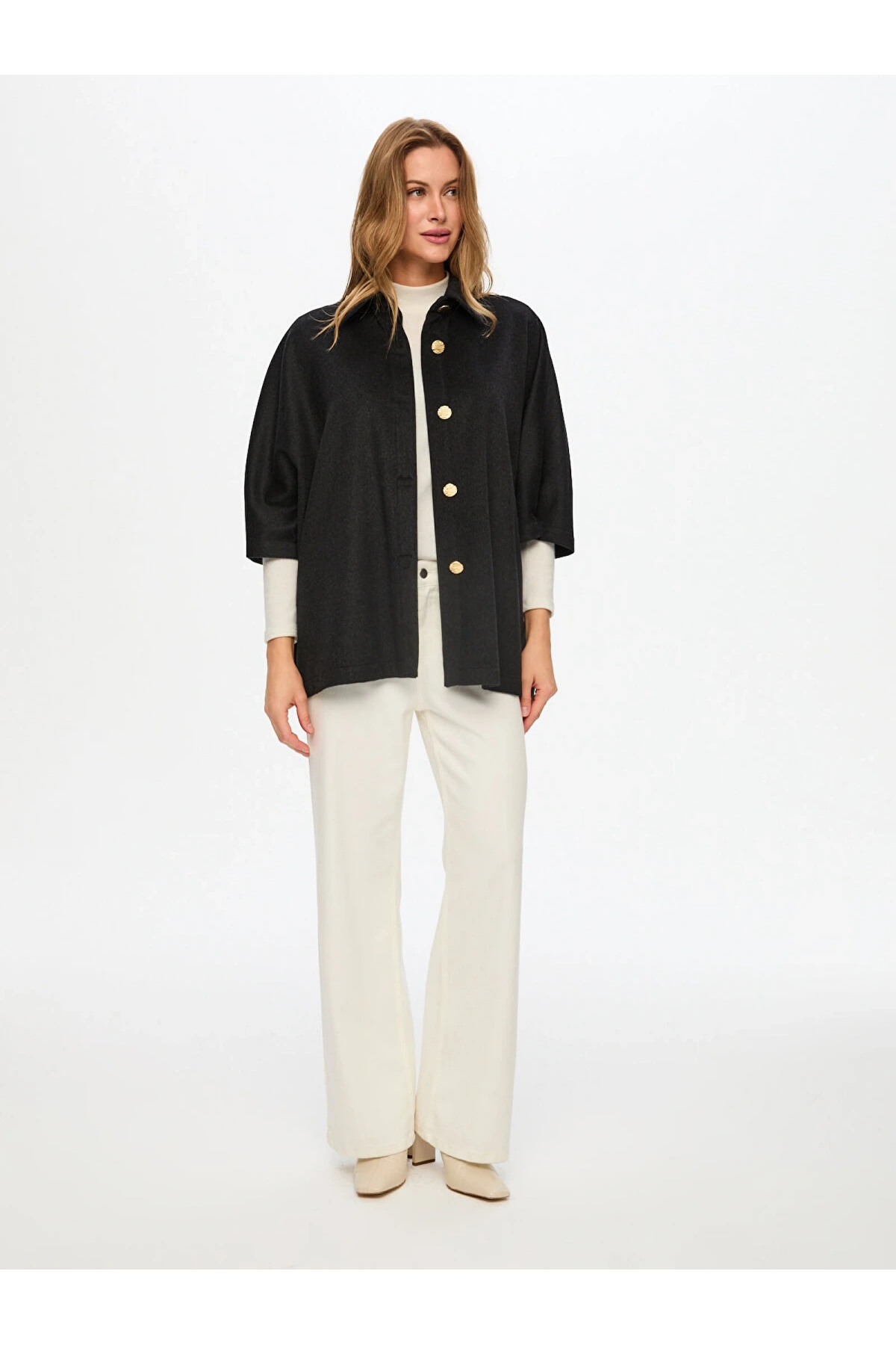 Fail Sönmez Kadın Yünlü Antrasit Melanj Panço Ceket UW26CKT012