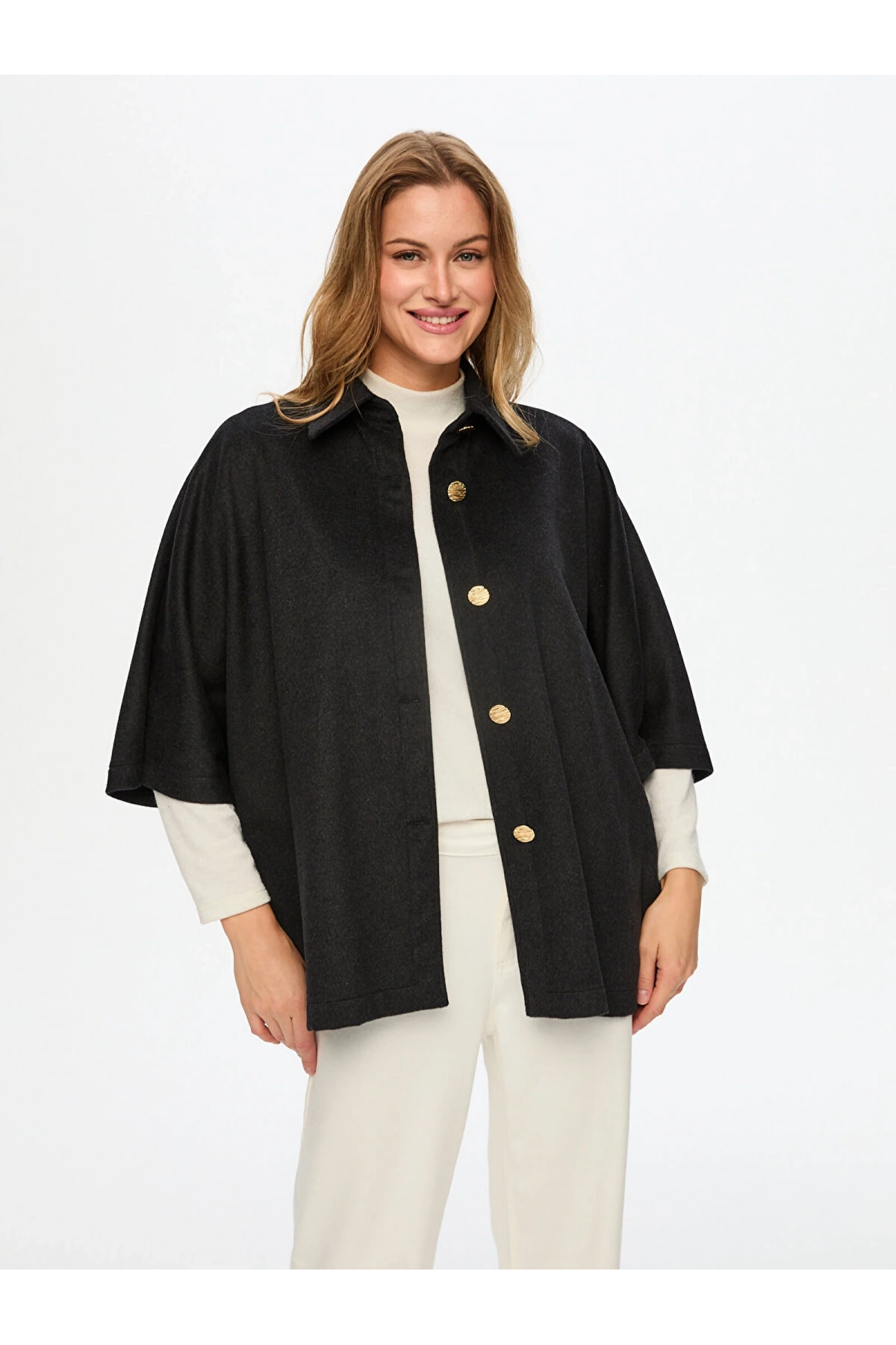 Fail Sönmez Kadın Yünlü Antrasit Melanj Panço Ceket UW26CKT012