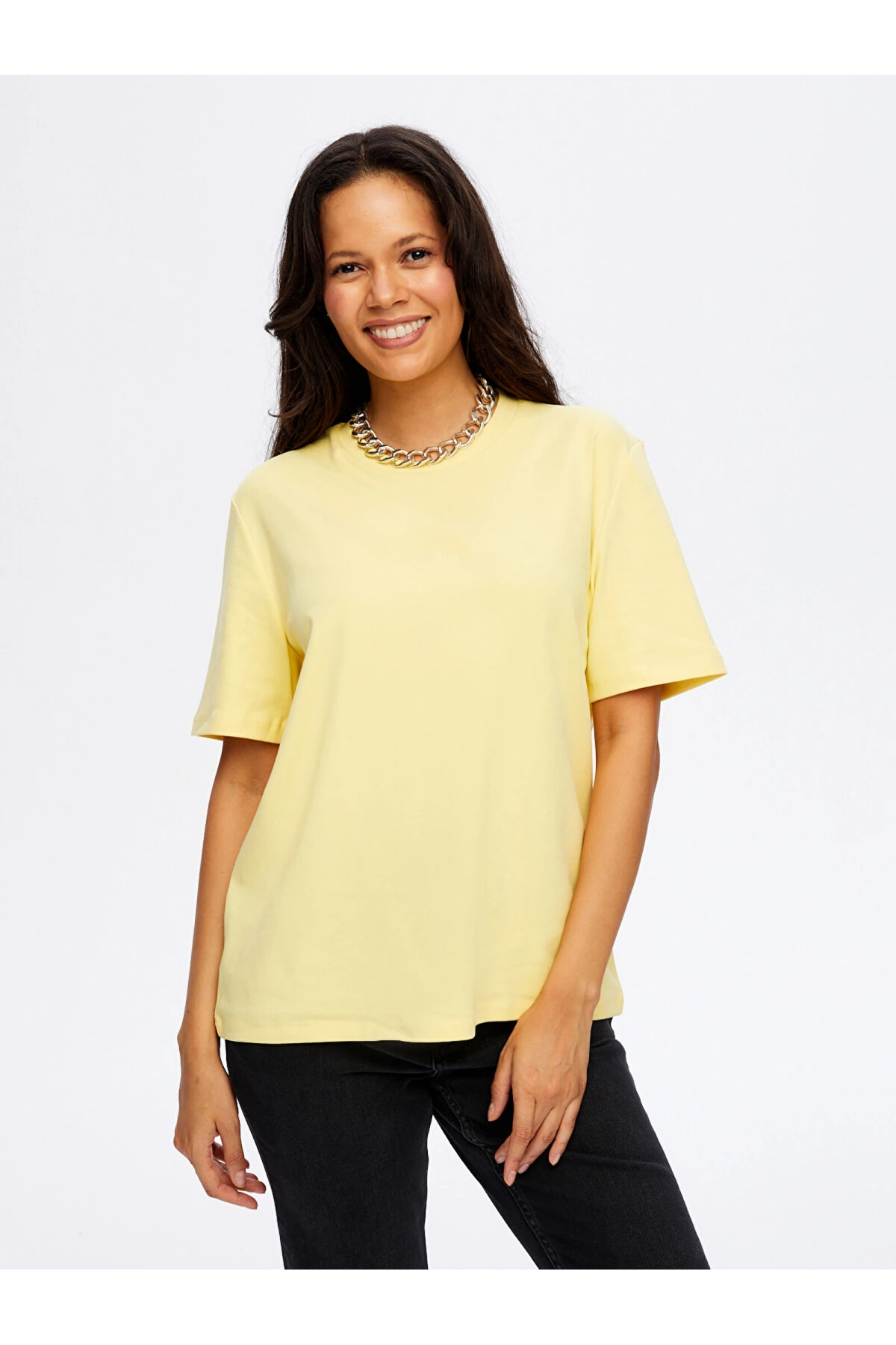 Faik Sönmez Kadın Yuvarlak Yaka Kalın Pamuklu Sarı T-Shirt UW26TSH053