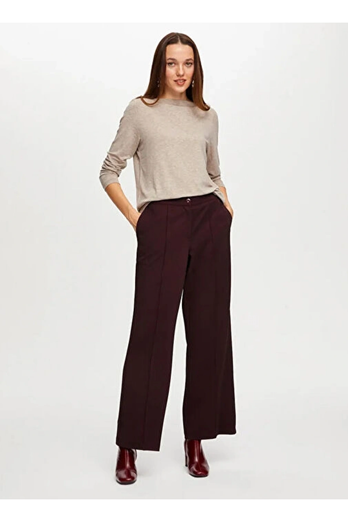 Faik Sönmez Kadın Kayık Yaka Triko Görünümlü Örme Taş Renk Bluz UW26BLZ009