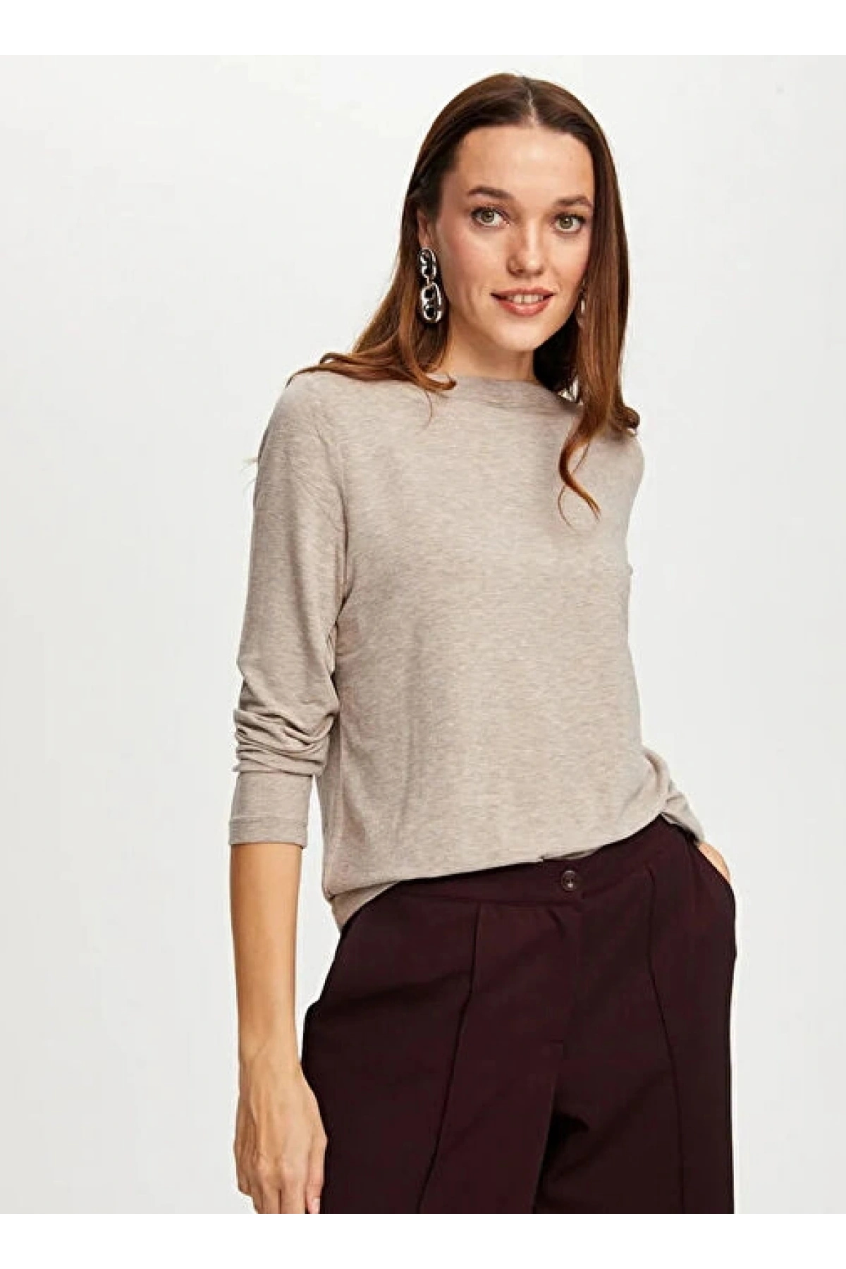 Faik Sönmez Kadın Kayık Yaka Triko Görünümlü Örme Taş Renk Bluz UW26BLZ009